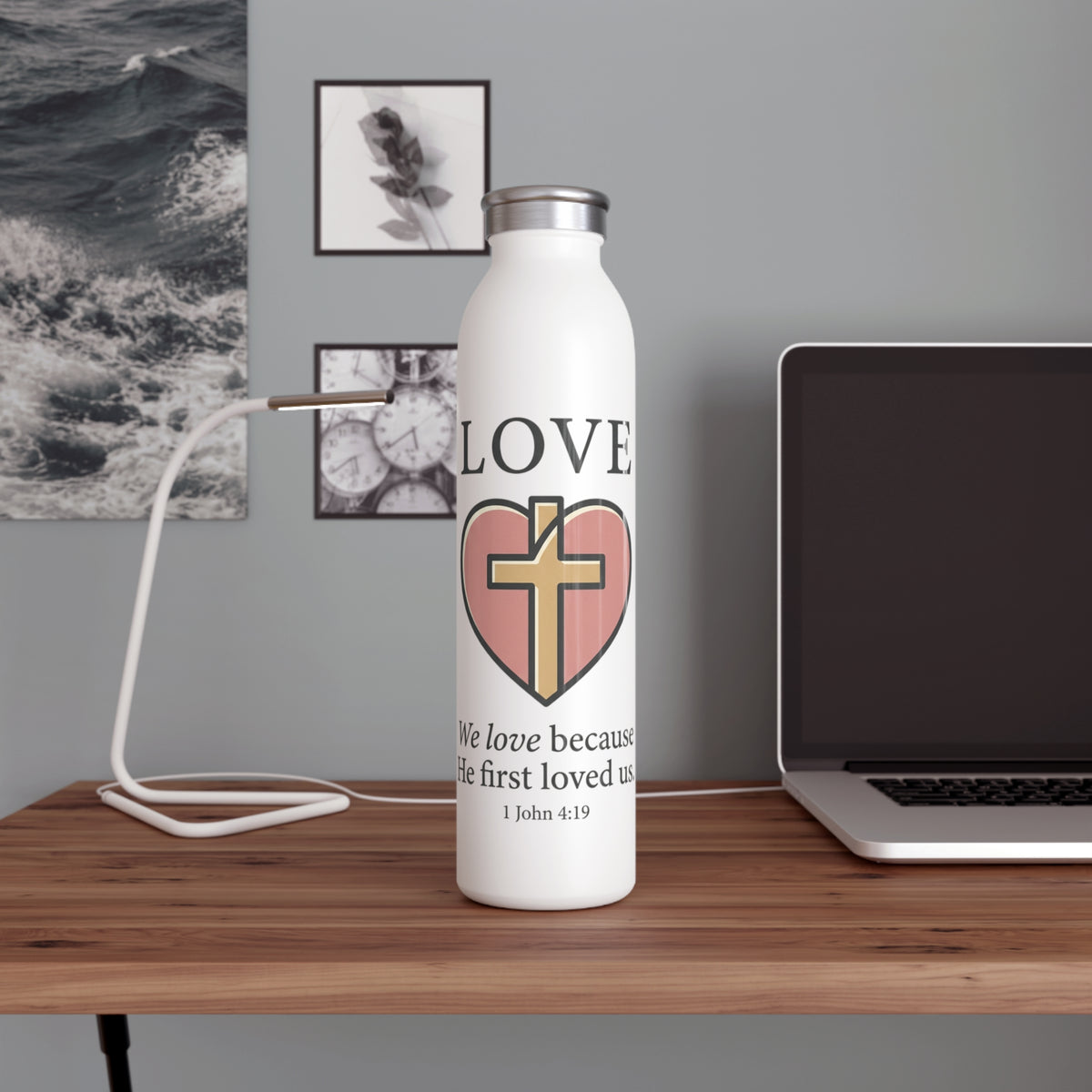 Christian Love Slim Water Bottle | Heart & Cross Faith Gift | 1 John 4:19
