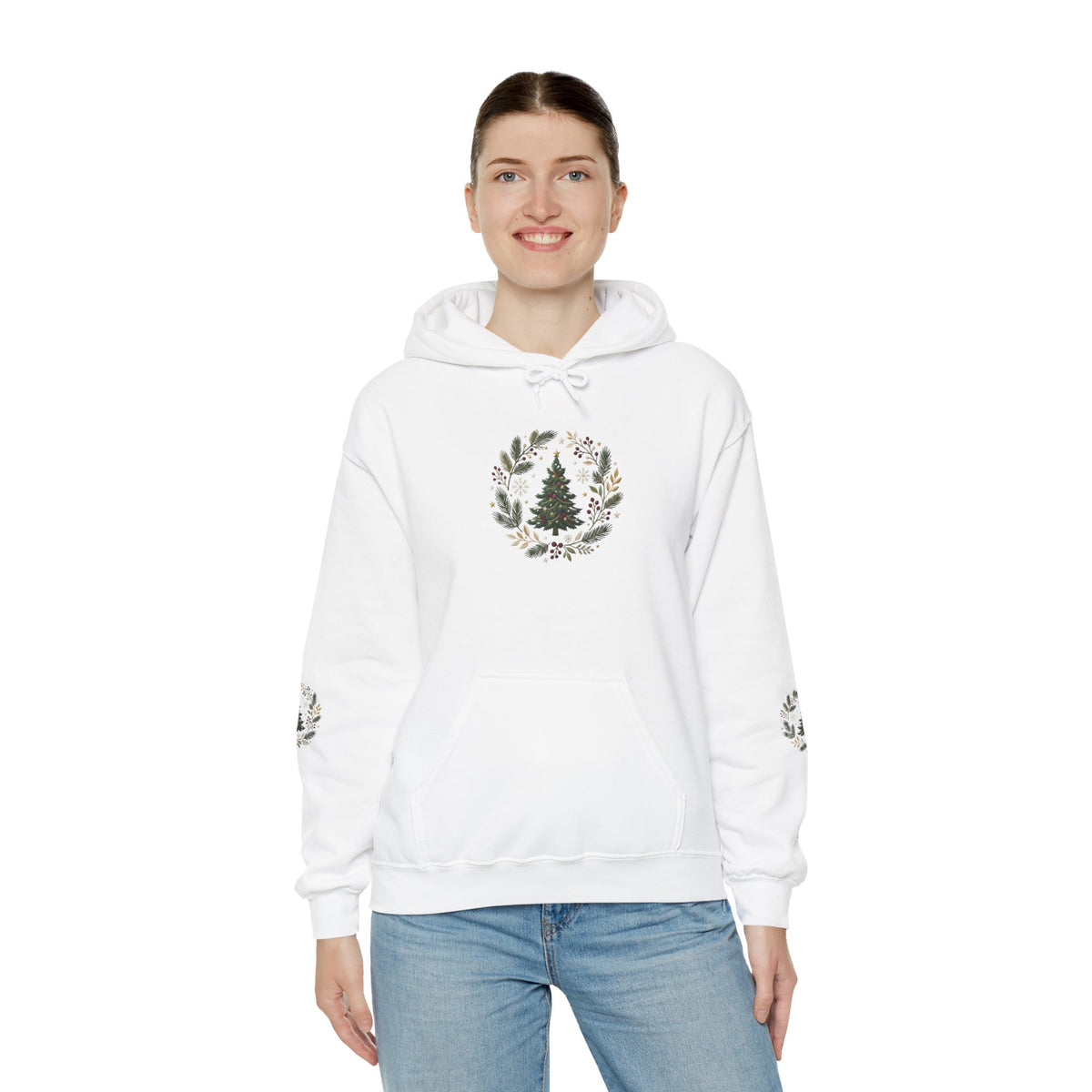 Christmas Tree Wreath Hoodie — Festive Botanical Sweatshirt, 50/50 Cotton-Poly, Unisex