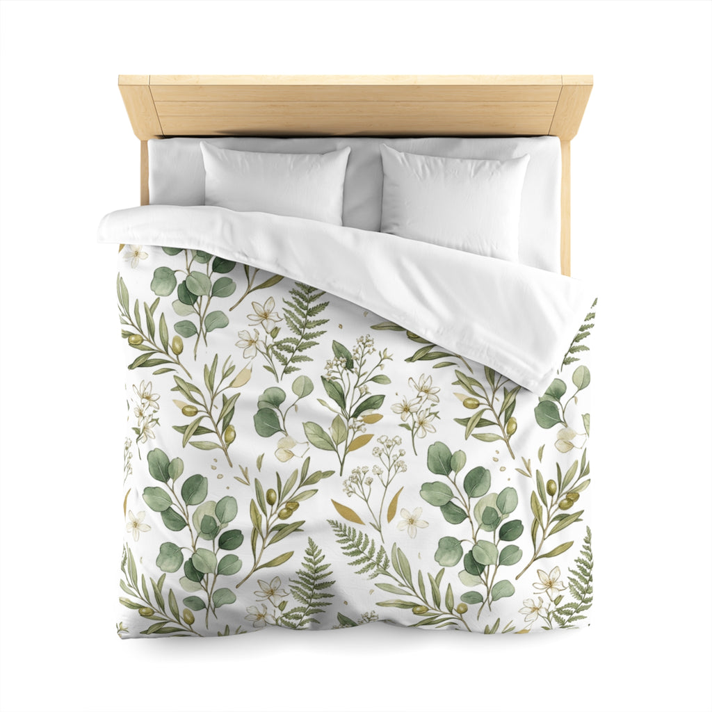 Botanical Eucalyptus Duvet Cover — Green Fern & Floral Microfiber Bedding