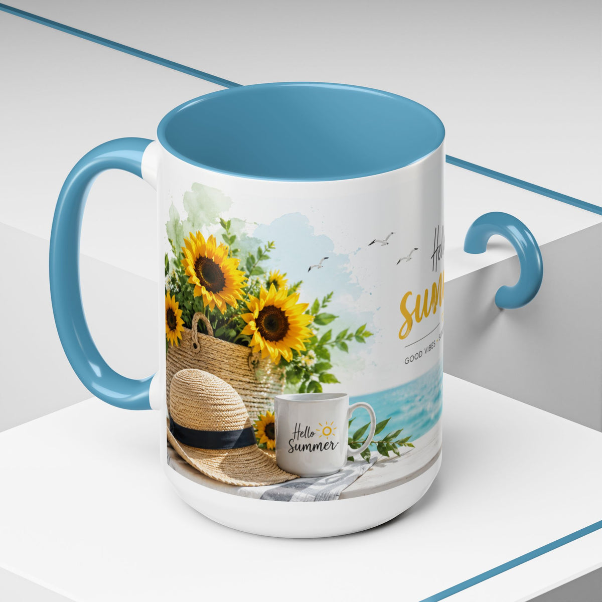 Hello Summer Accent Coffee Mug — Beach Vibes Lemon Palm Coastal Ceramic Mug (11/15oz)