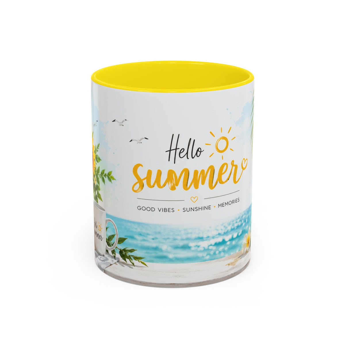 Hello Summer Accent Coffee Mug — Beach Vibes Lemon Palm Coastal Ceramic Mug (11/15oz)