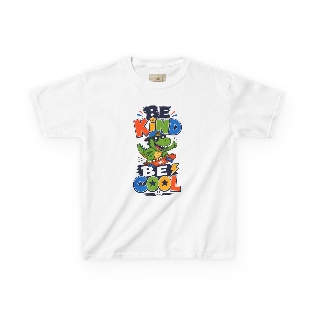 Kids Tee — "Be Kind, Be Cool" Dinosaur Graphic with "Shine Bright" Back