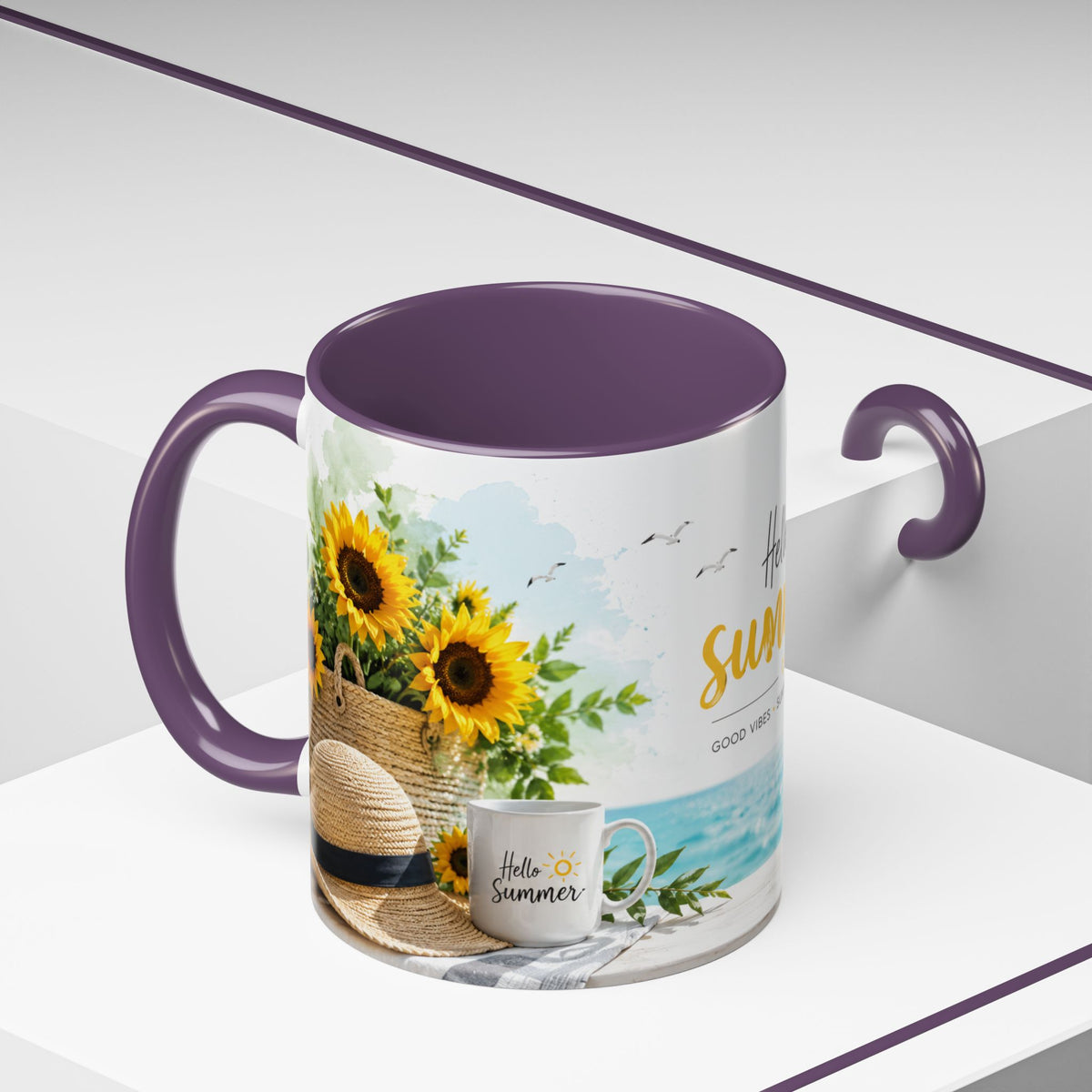 Hello Summer Accent Coffee Mug — Beach Vibes Lemon Palm Coastal Ceramic Mug (11/15oz)