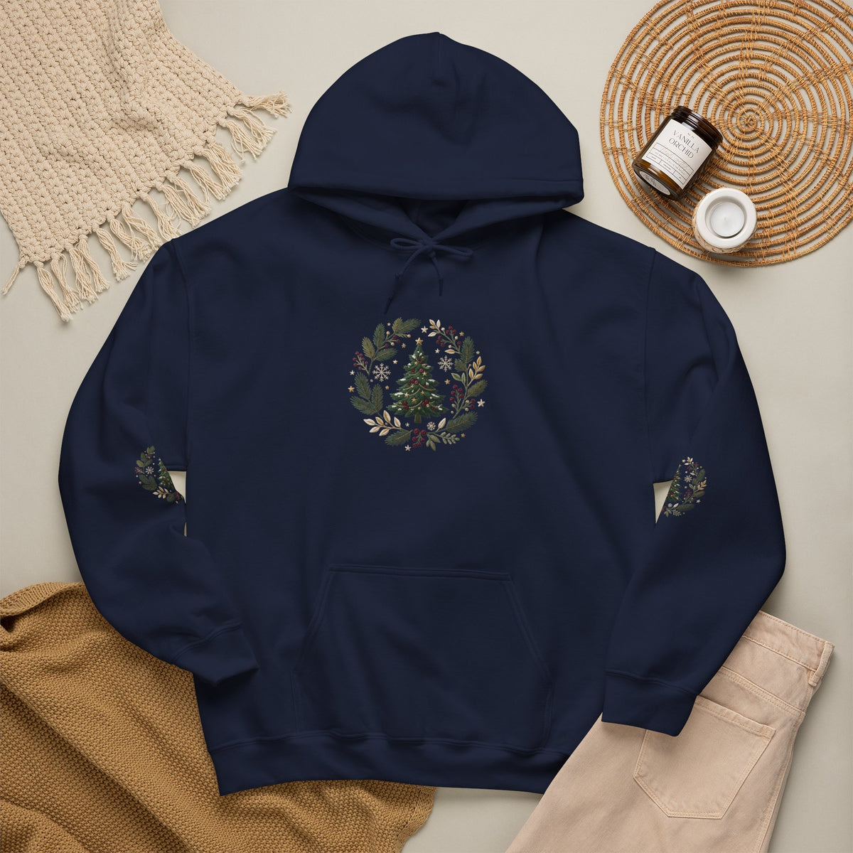 Christmas Tree Wreath Hoodie — Festive Botanical Sweatshirt, 50/50 Cotton-Poly, Unisex