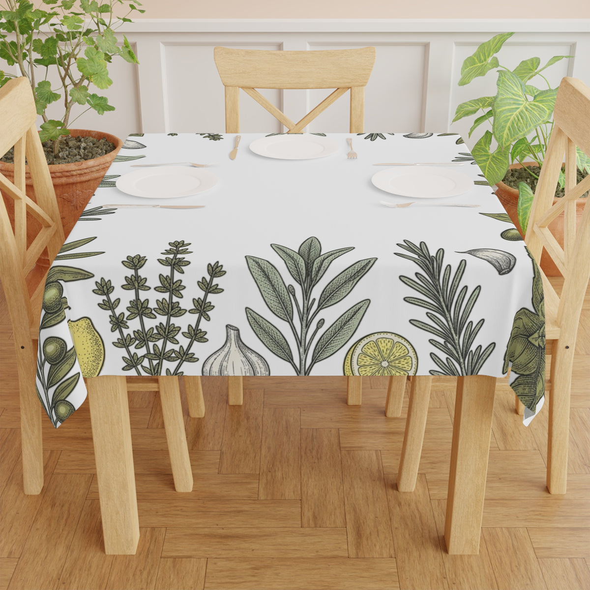 Mediterranean Herb & Lemon Tablecloth — Olive, Basil & Rosemary Kitchen Linen