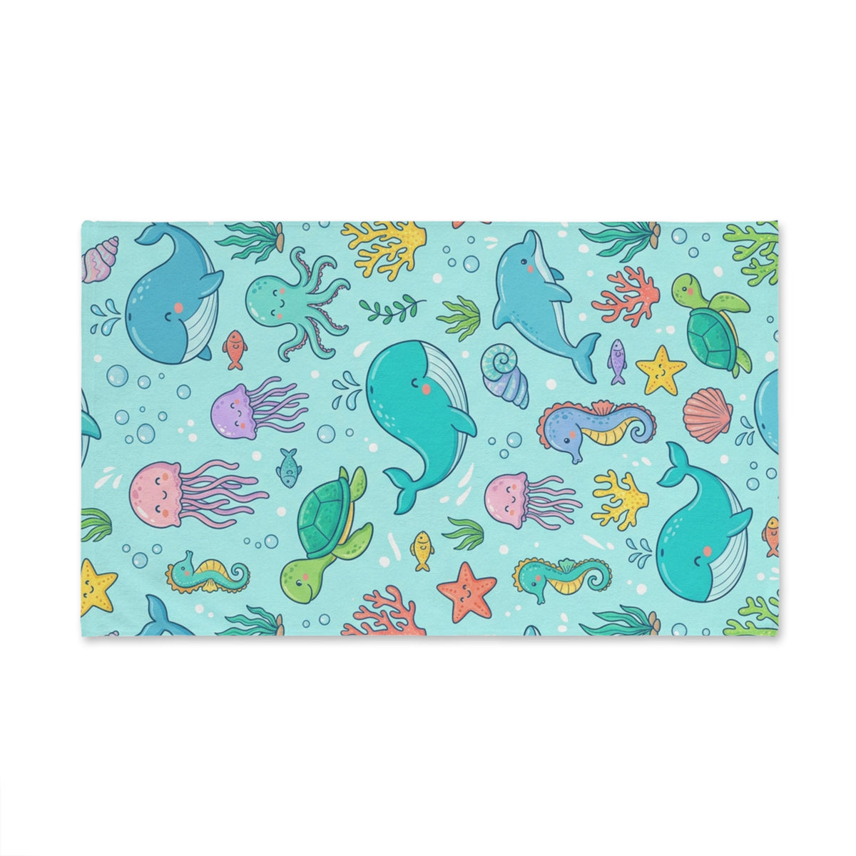 Cute Ocean Animals Hand Towel — Kids Sea Creature Print (Whale, Dolphin, Turtle, Jellyfish)