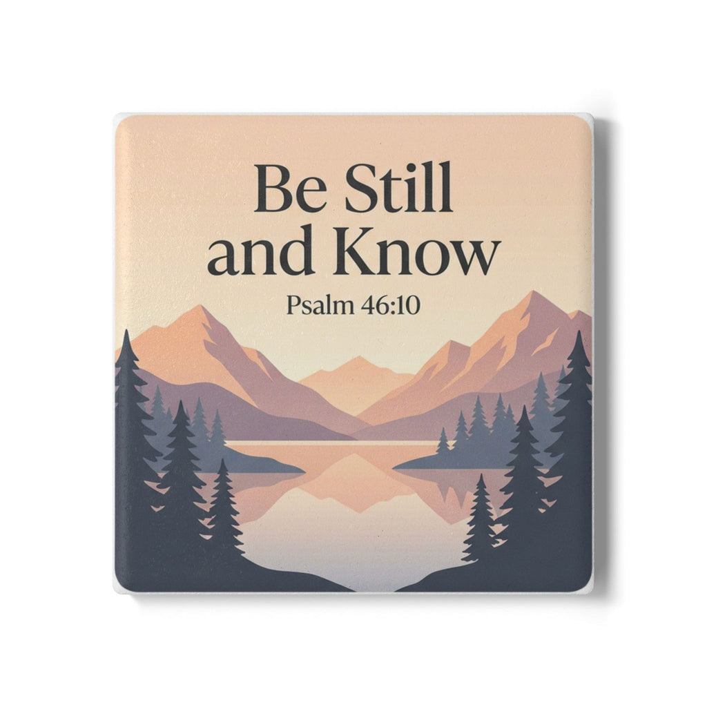 Ceramic Coaster — "Be Still and Know" Psalm 46:10 Mountain Lake Inspirational Drink Coaster