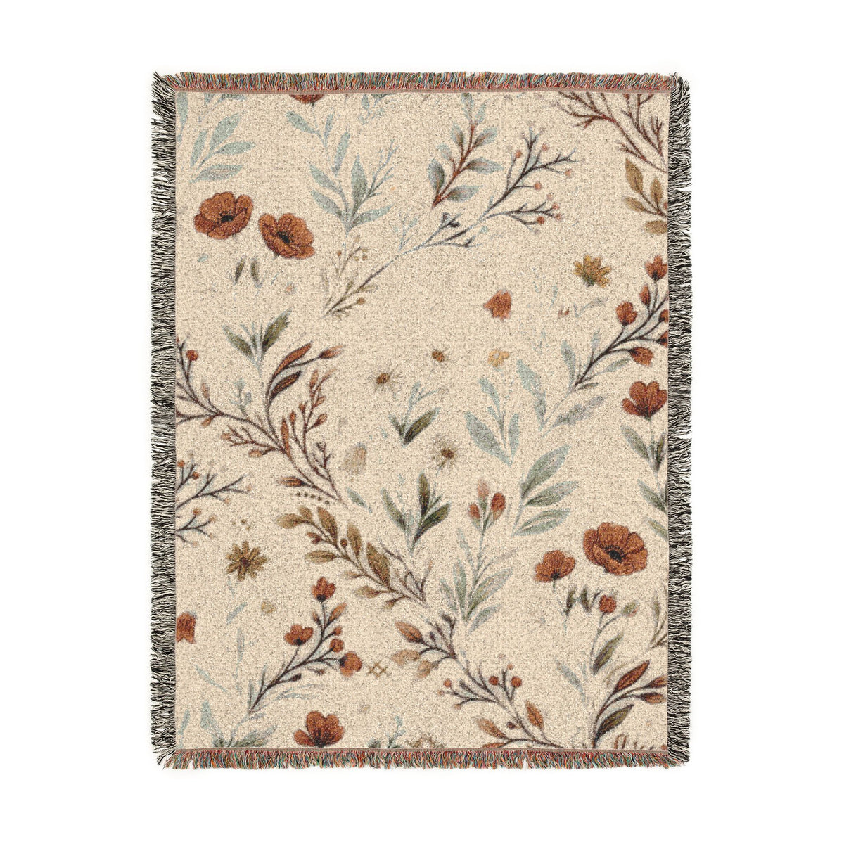 Floral Woven Blanket — Vintage Botanical Throw with Fringe