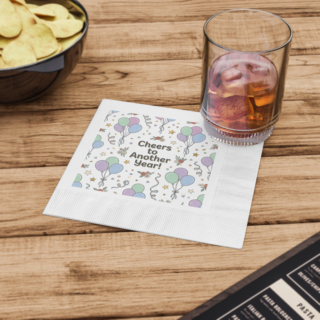 Cheers to Another Year Cocktail Napkins — Birthday & New Year Party Beverage Napkins