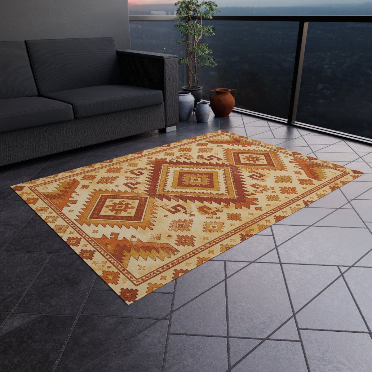 Southwestern Outdoor Rug — Rust & Gold Geometric Patio Mat