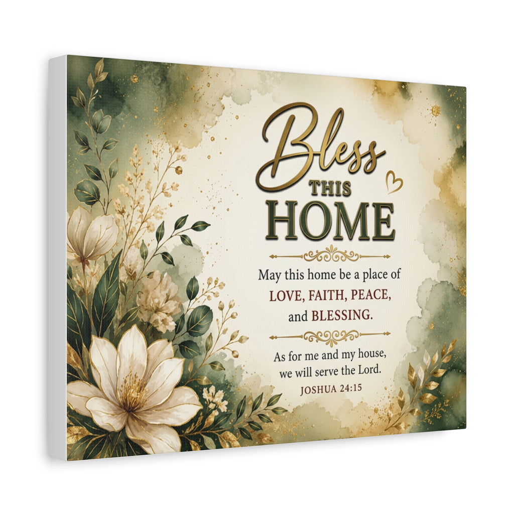 Bless This Home Canvas Wall Art — Floral Scripture Home Blessing (Joshua 24:15)