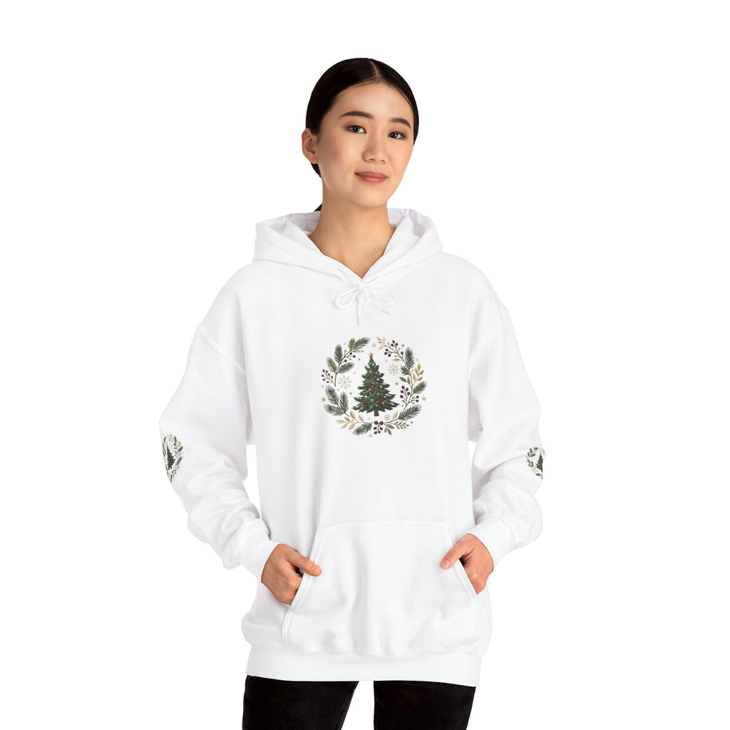 Christmas Tree Wreath Hoodie — Festive Botanical Sweatshirt, 50/50 Cotton-Poly, Unisex