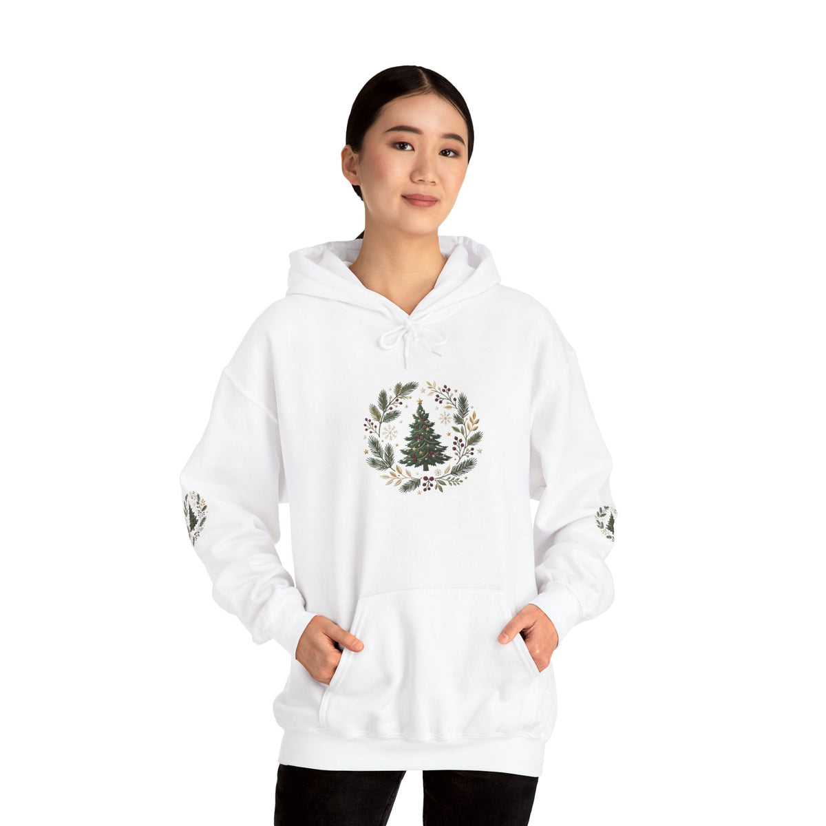 Christmas Tree Wreath Hoodie — Festive Botanical Sweatshirt, 50/50 Cotton-Poly, Unisex