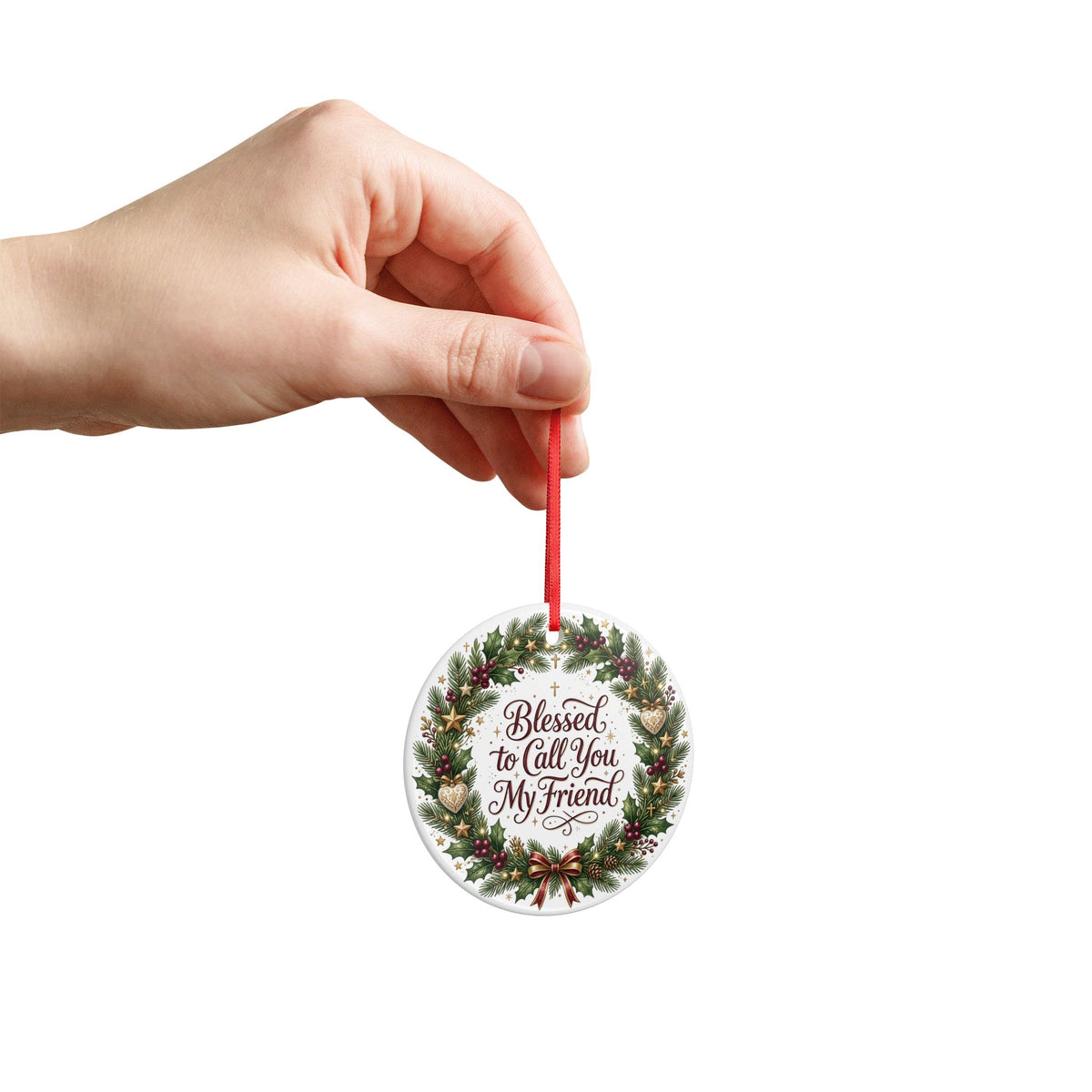 Ceramic Christmas Ornament — Blessed Friend Wreath Holiday Decoration, Double-Sided Matte White