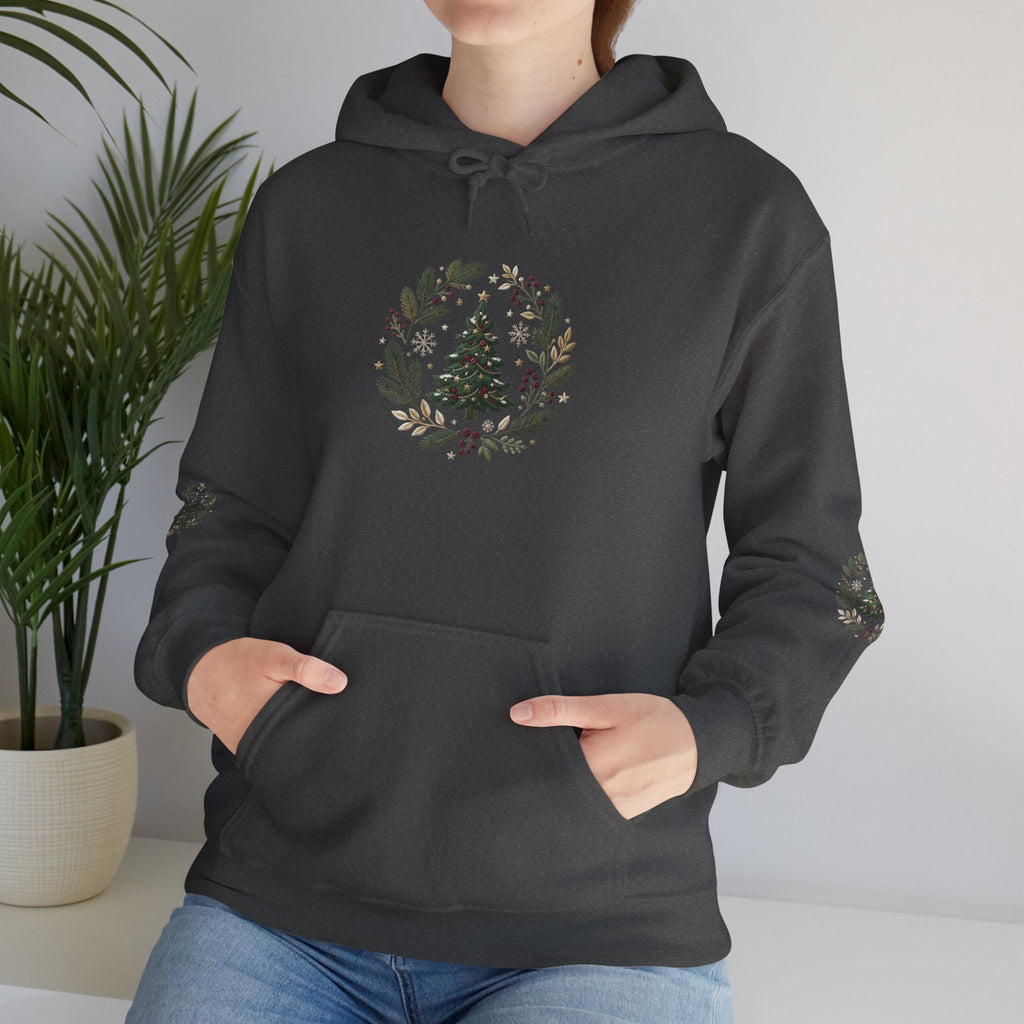 Christmas Tree Wreath Hoodie — Festive Botanical Sweatshirt, 50/50 Cotton-Poly, Unisex