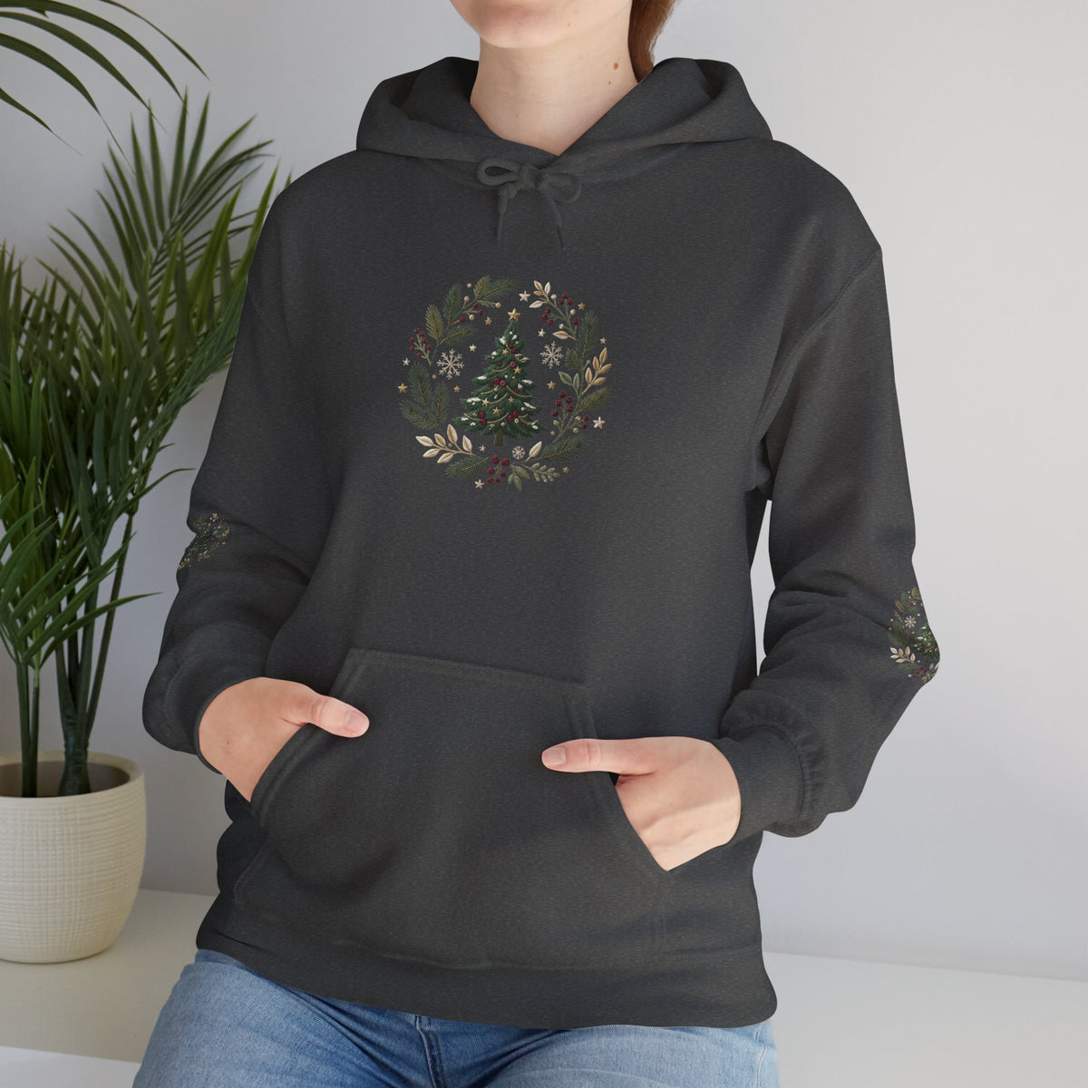 Christmas Tree Wreath Hoodie — Festive Botanical Sweatshirt, 50/50 Cotton-Poly, Unisex