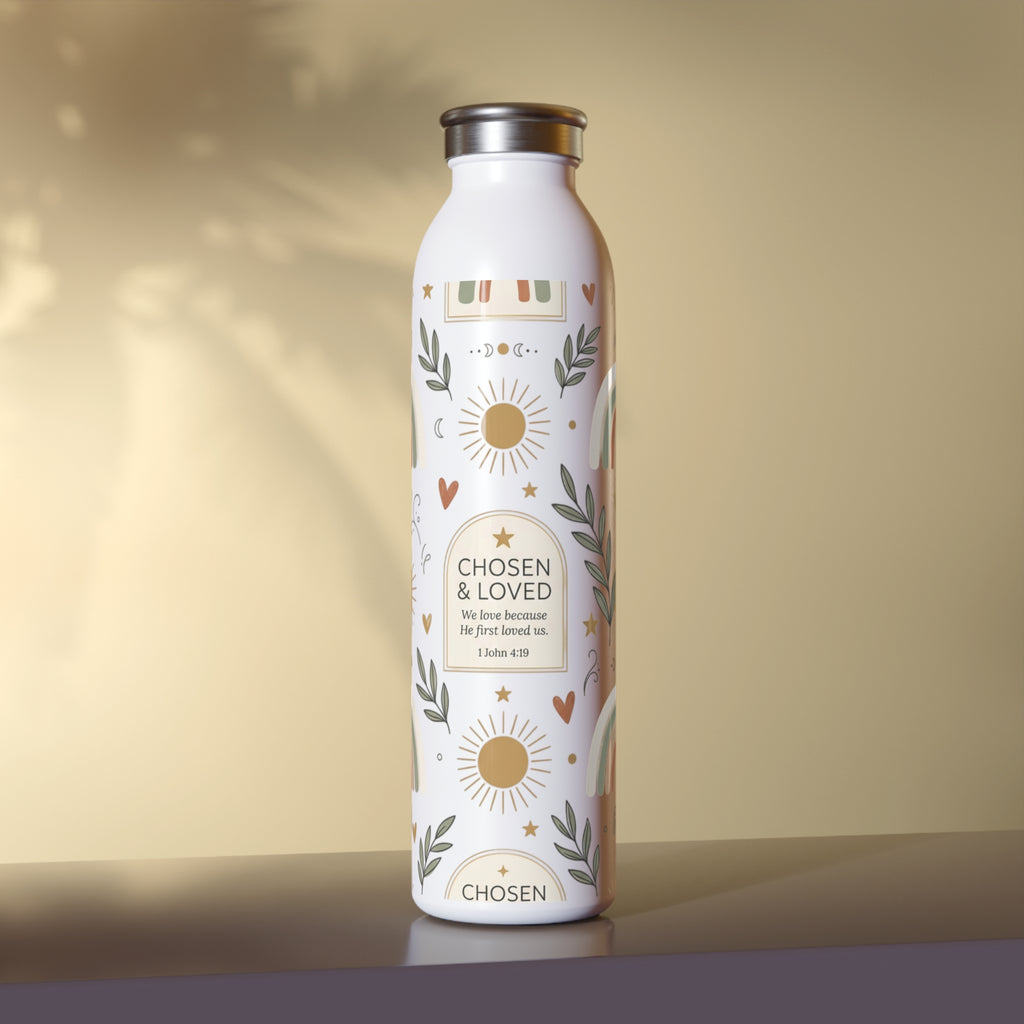 Slim Water Bottle — “Chosen & Loved” Inspirational Stainless Bottle with Rainbows & Sun Motif