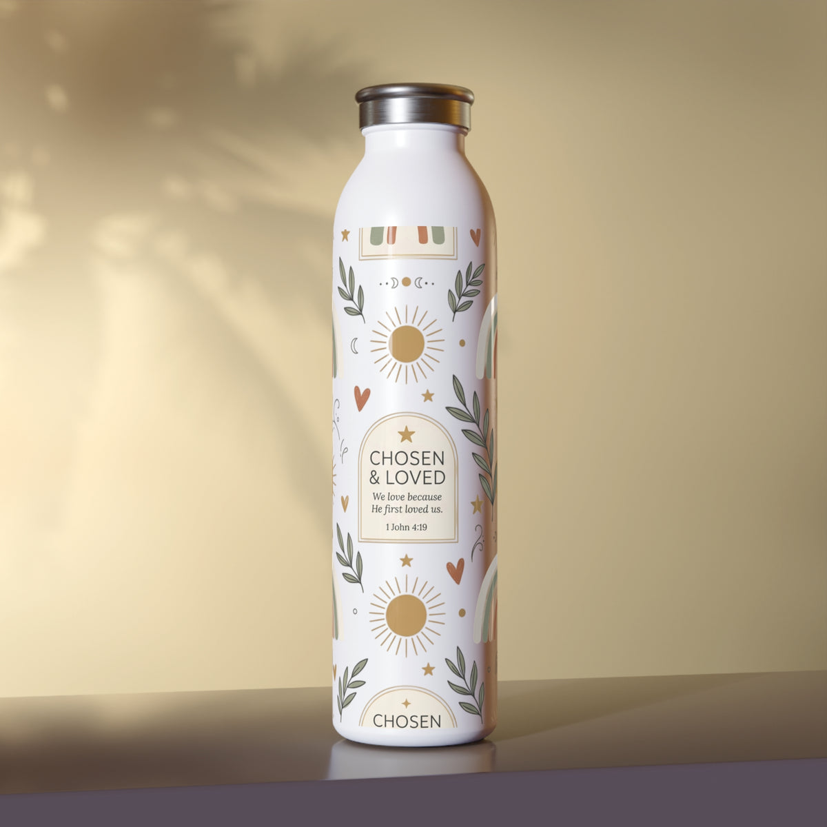 Slim Water Bottle — “Chosen & Loved” Inspirational Stainless Bottle with Rainbows & Sun Motif