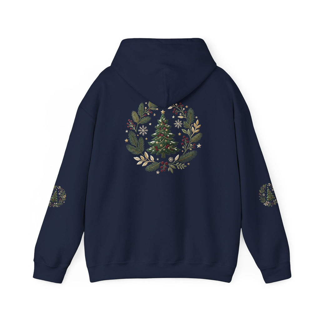 Christmas Tree Wreath Hoodie — Festive Botanical Sweatshirt, 50/50 Cotton-Poly, Unisex