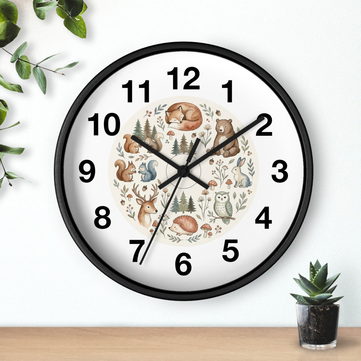 Woodland Animals Wall Clock — Cute Forest Nursery Clock with Fox, Deer, Owl & Squirrel