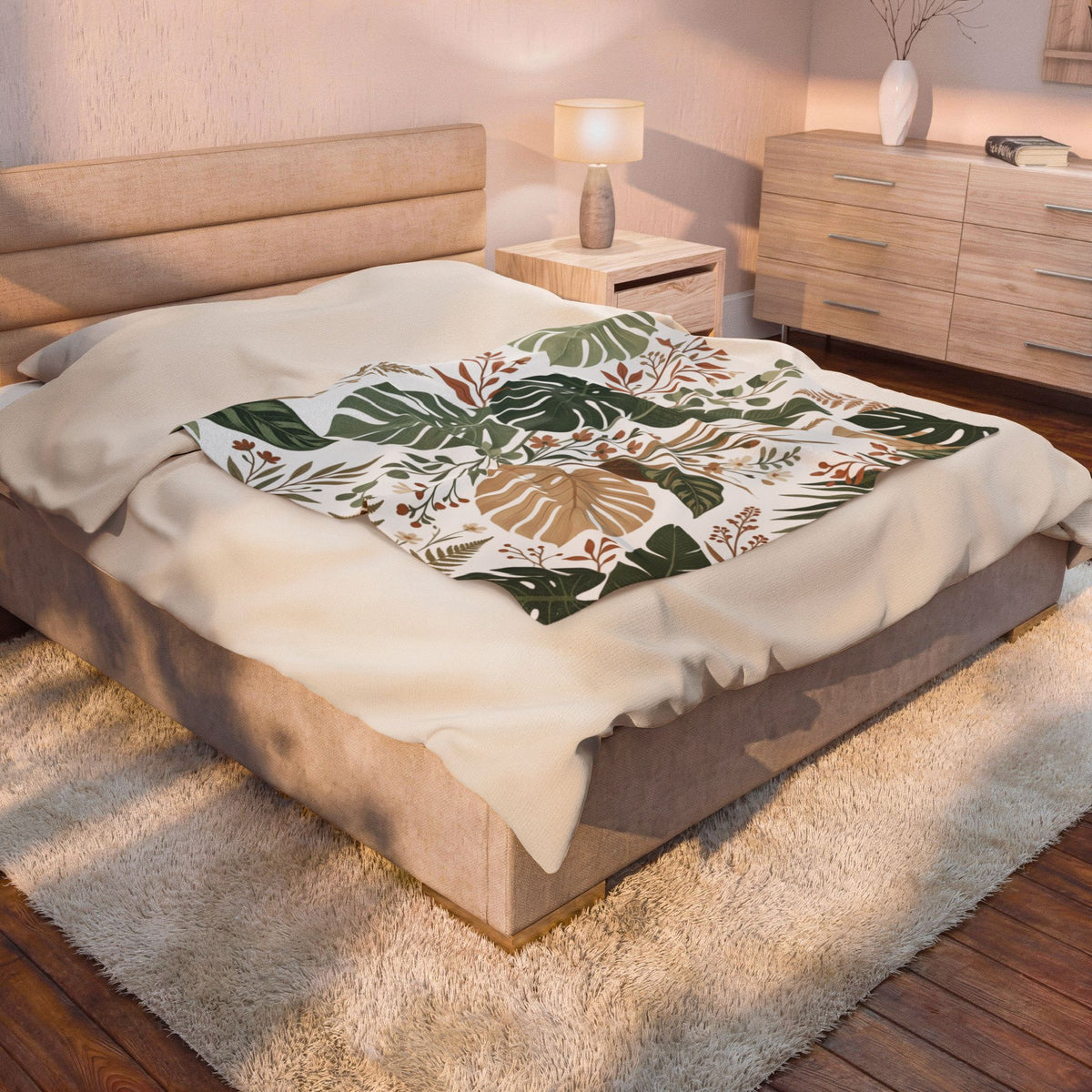 Botanical Monstera Velveteen Plush Blanket – Tropical Leaf Throw for Cozy Home Décor