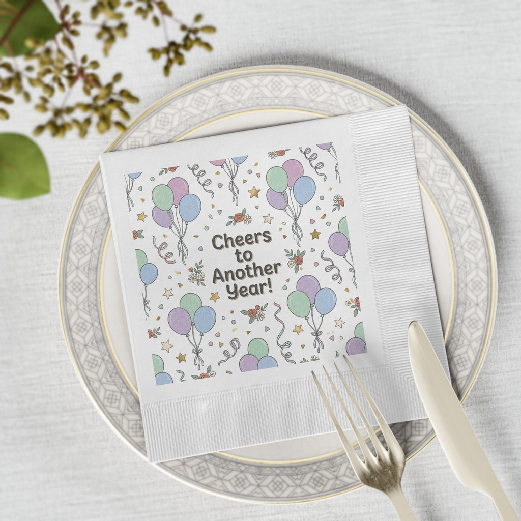 Cheers to Another Year Cocktail Napkins — Birthday & New Year Party Beverage Napkins