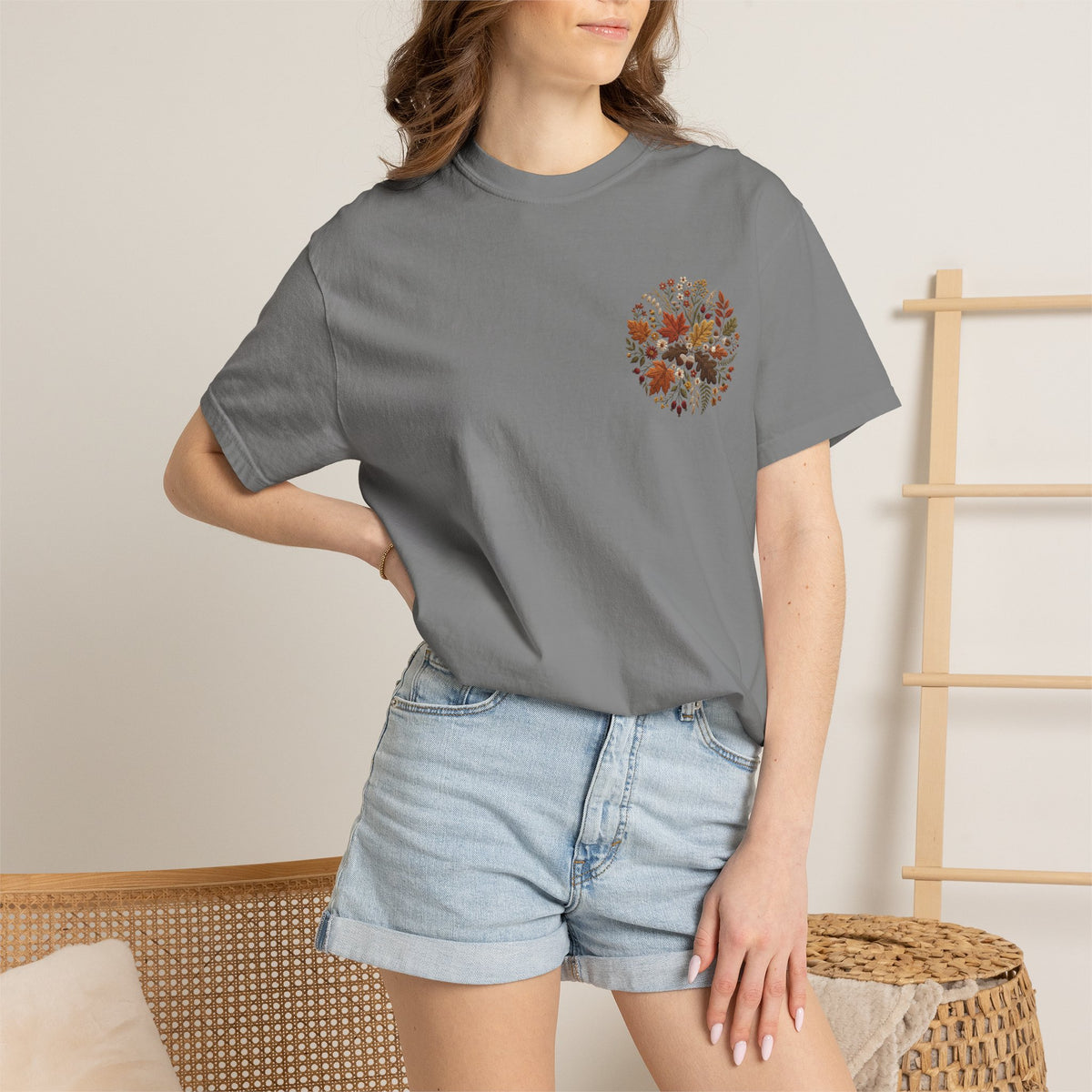 T-Shirt — Autumn Floral Wreath Tee (Fall Leaves Chest & Back Print)