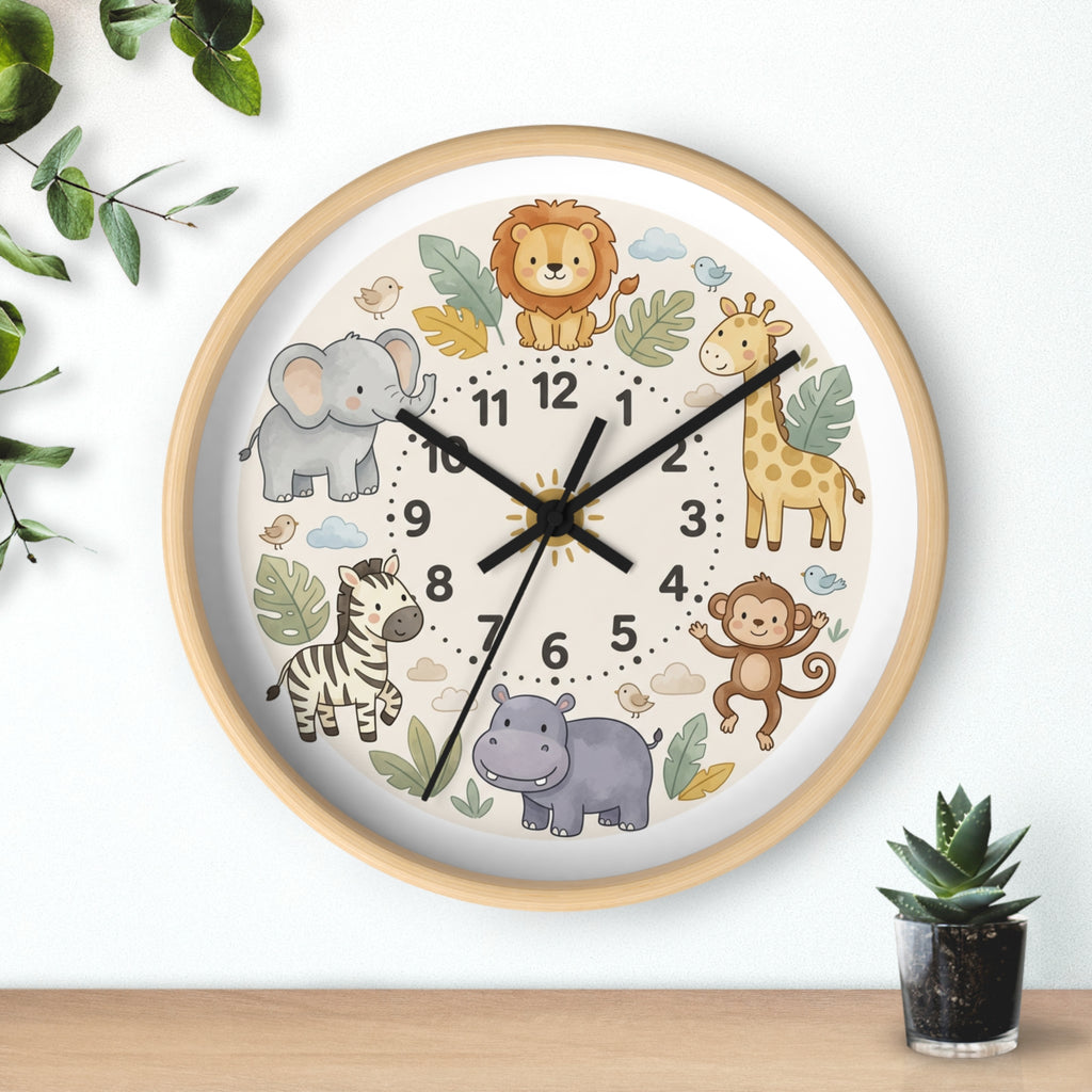Safari Friends Nursery Wall Clock — Cute Jungle Animal Kids Clock