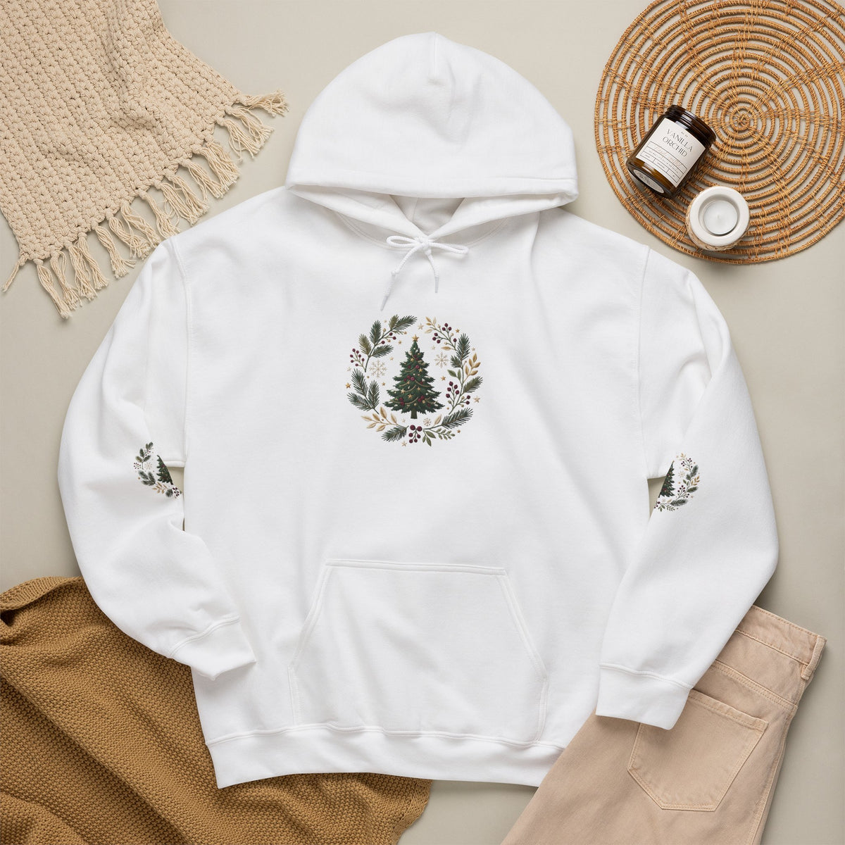 Christmas Tree Wreath Hoodie — Festive Botanical Sweatshirt, 50/50 Cotton-Poly, Unisex
