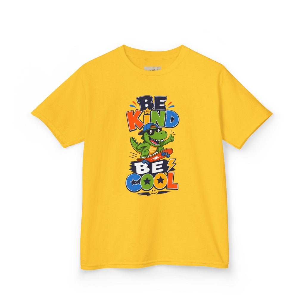 Kids Tee — "Be Kind, Be Cool" Dinosaur Graphic with "Shine Bright" Back