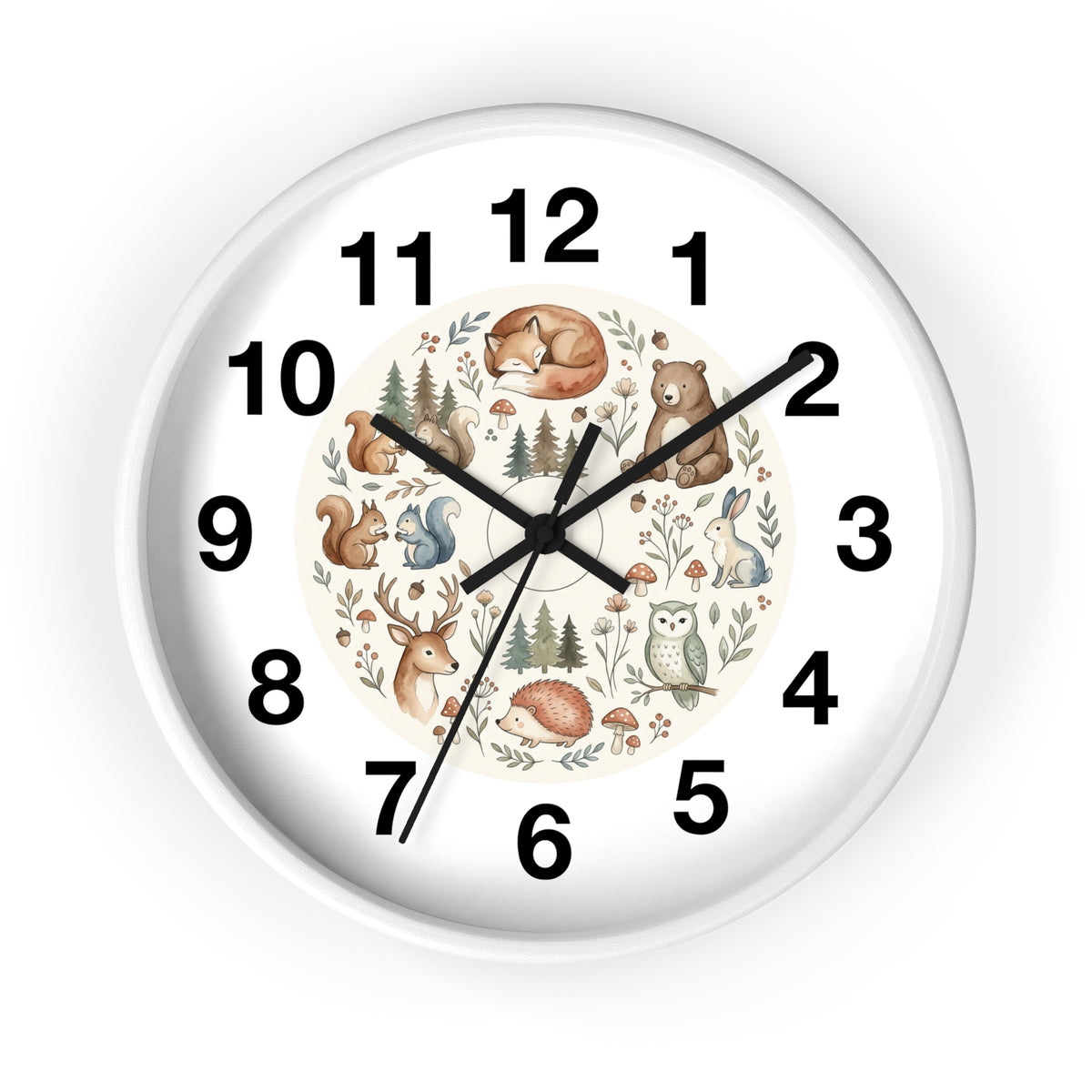 Woodland Animals Wall Clock — Cute Forest Nursery Clock with Fox, Deer, Owl & Squirrel