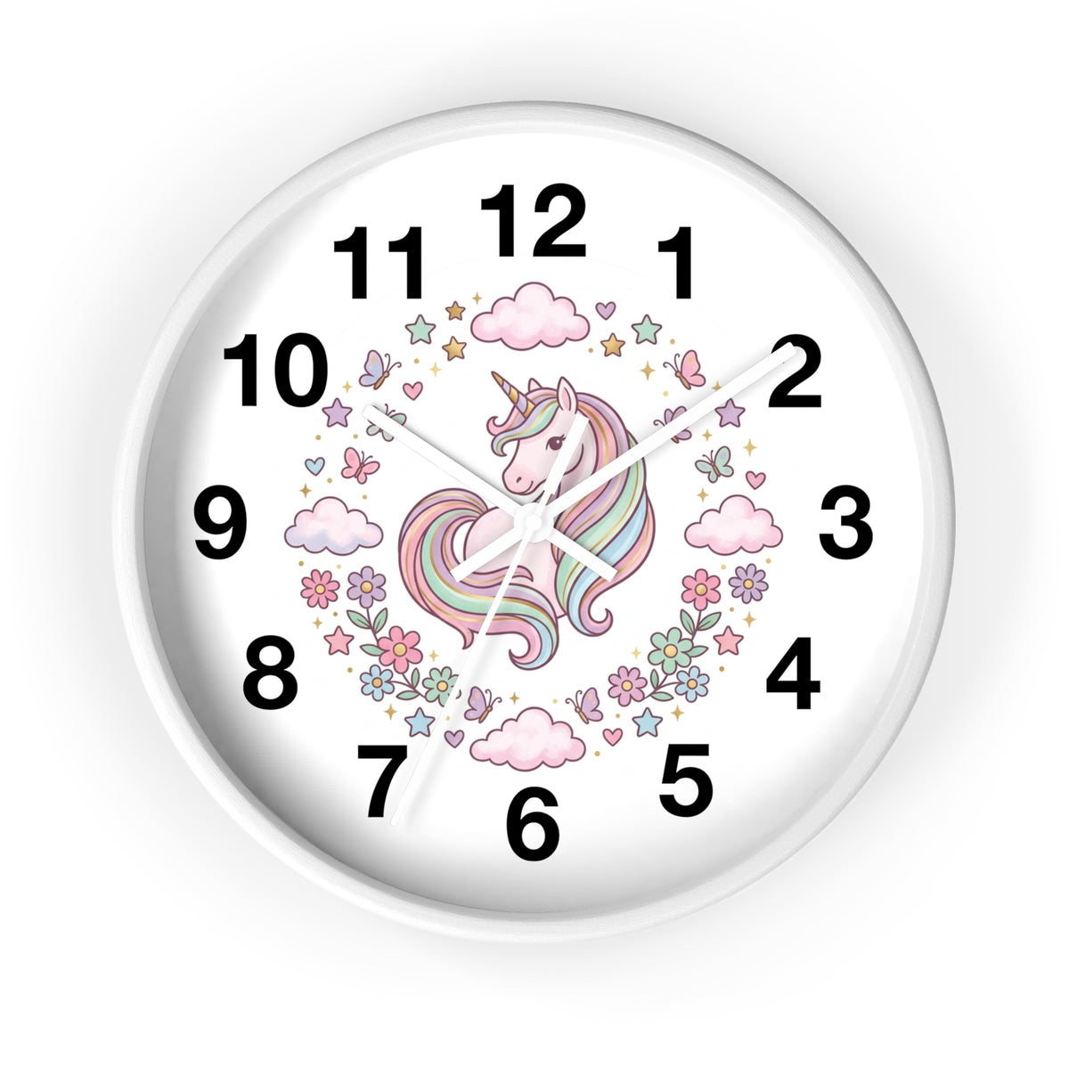 Unicorn Wall Clock — Pastel Rainbow Kids Room Clock with Clouds & Flowers