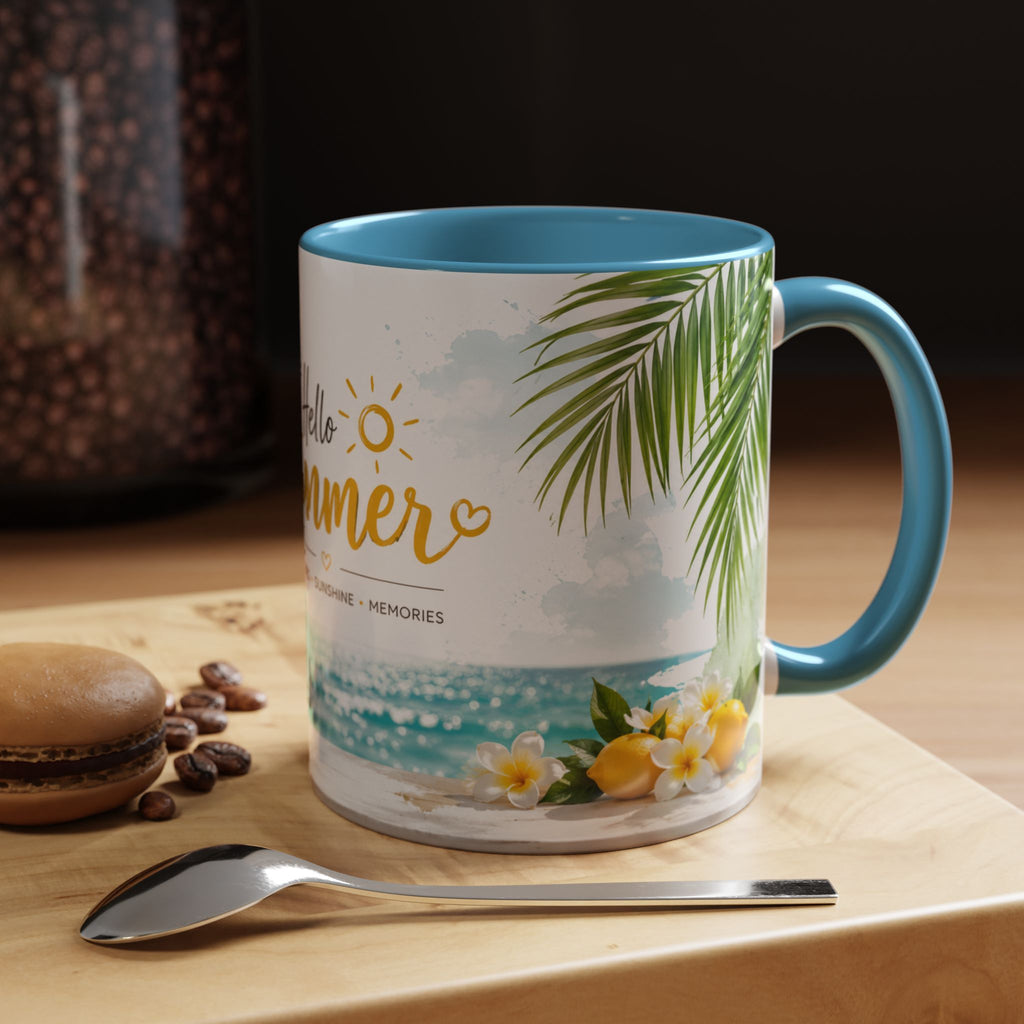 Hello Summer Accent Coffee Mug — Beach Vibes Lemon Palm Coastal Ceramic Mug (11/15oz)