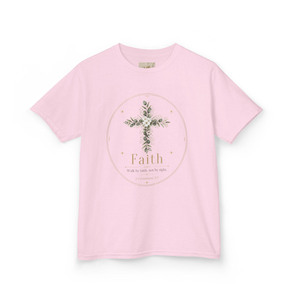 Kids Tee — Floral Cross “Faith” Christian Shirt for Children (Easter, Baptism, Church)