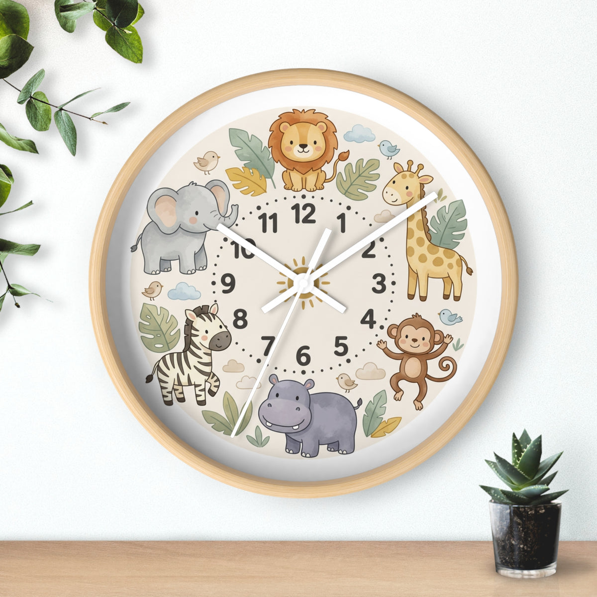 Safari Friends Nursery Wall Clock — Cute Jungle Animal Kids Clock