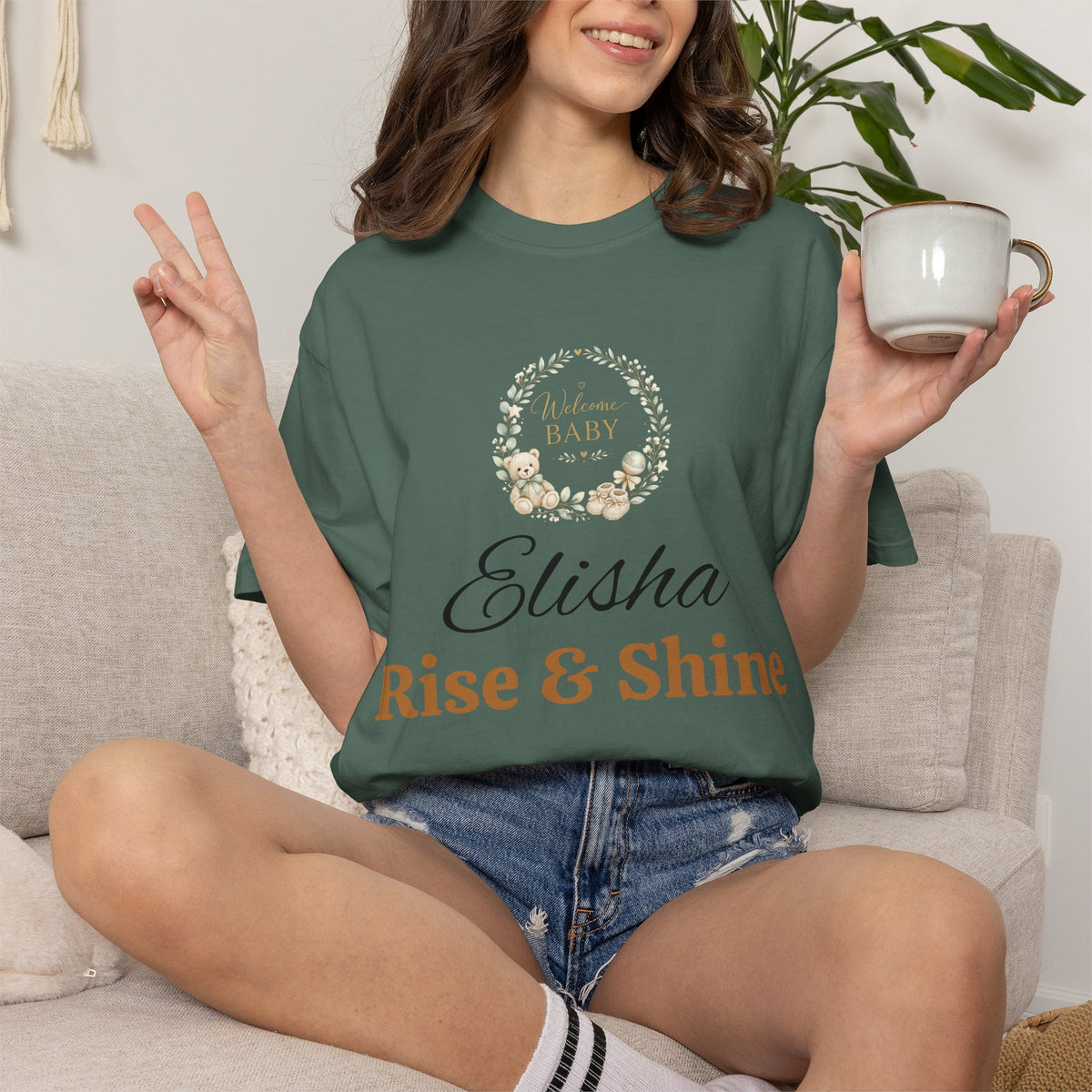 Personalized 'Rise & Shine' T-Shirt — Custom Name Floral Monogram Tee