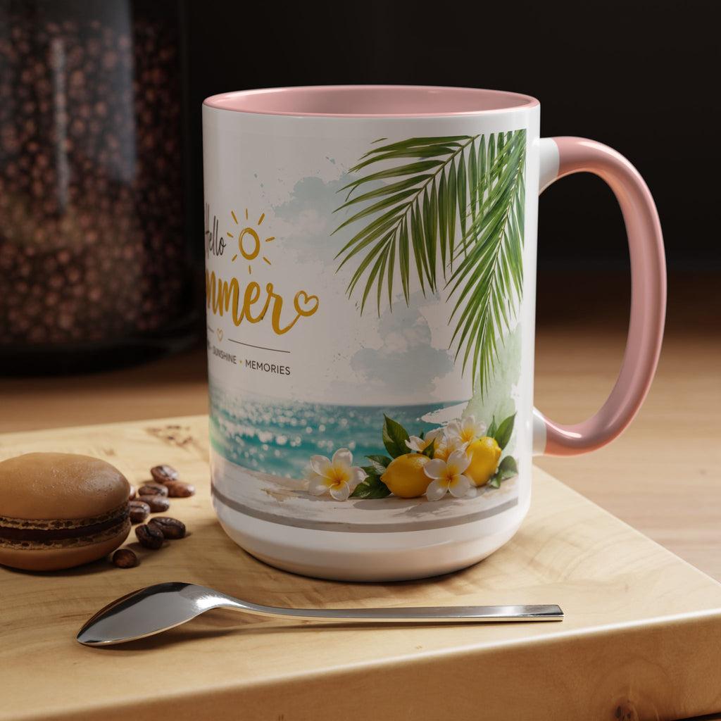 Hello Summer Accent Coffee Mug — Beach Vibes Lemon Palm Coastal Ceramic Mug (11/15oz)