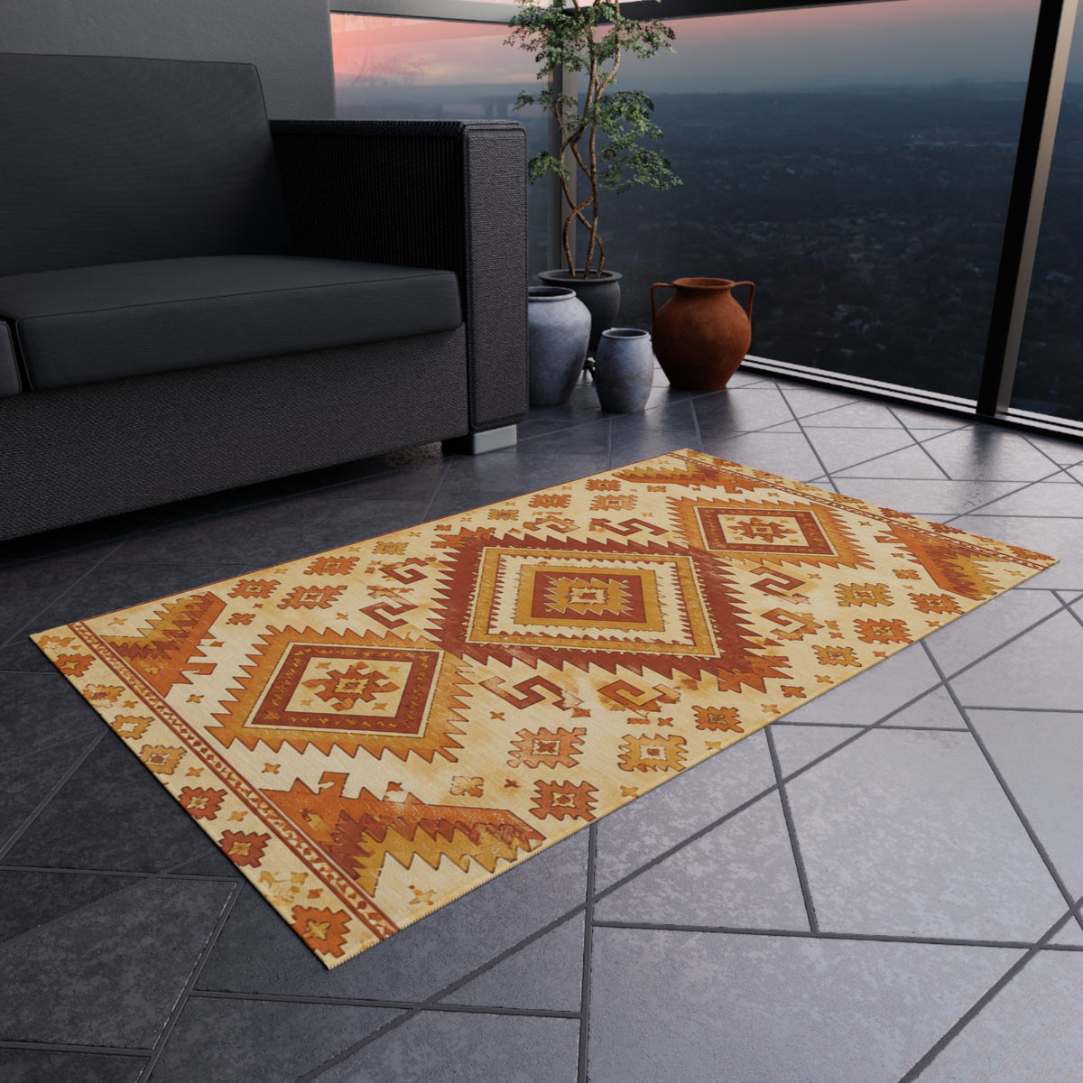 Southwestern Outdoor Rug — Rust & Gold Geometric Patio Mat