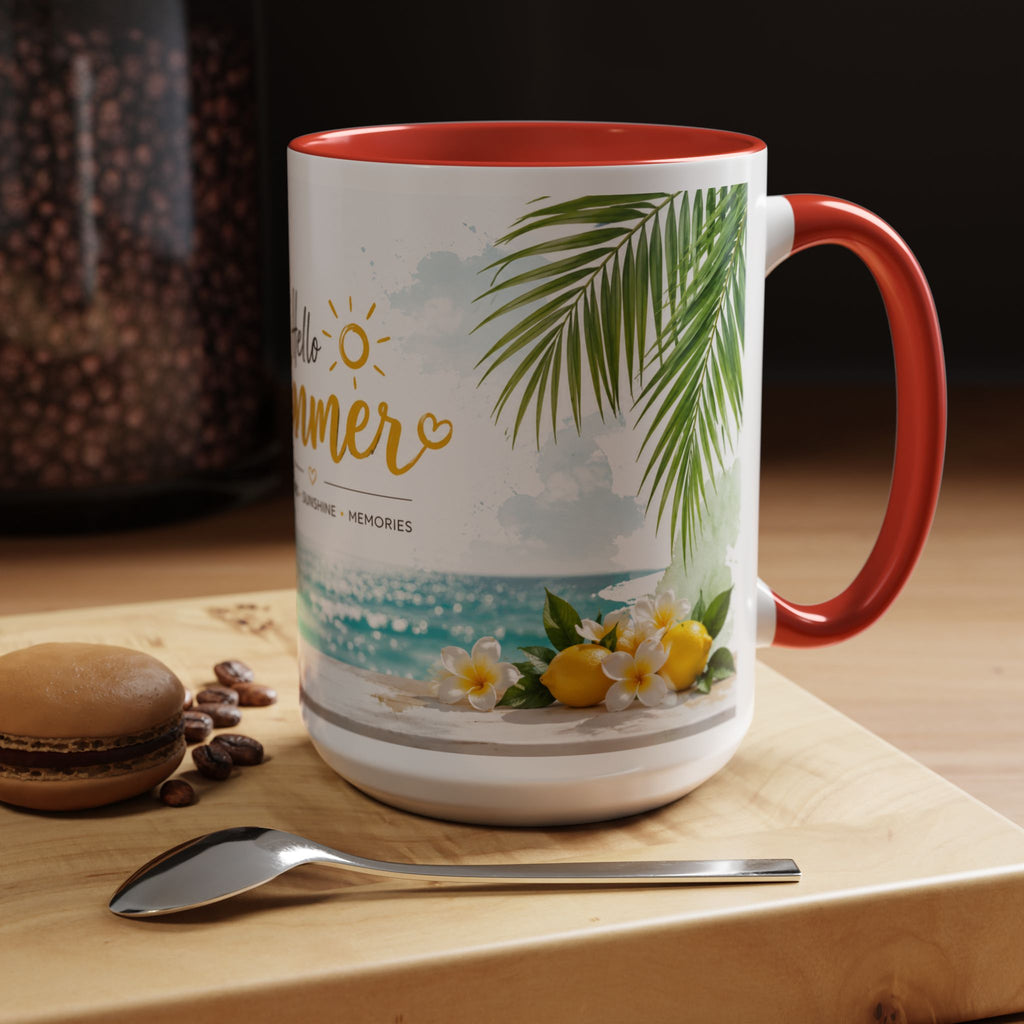 Hello Summer Accent Coffee Mug — Beach Vibes Lemon Palm Coastal Ceramic Mug (11/15oz)