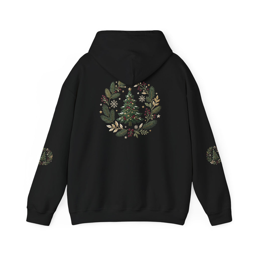 Christmas Tree Wreath Hoodie — Festive Botanical Sweatshirt, 50/50 Cotton-Poly, Unisex