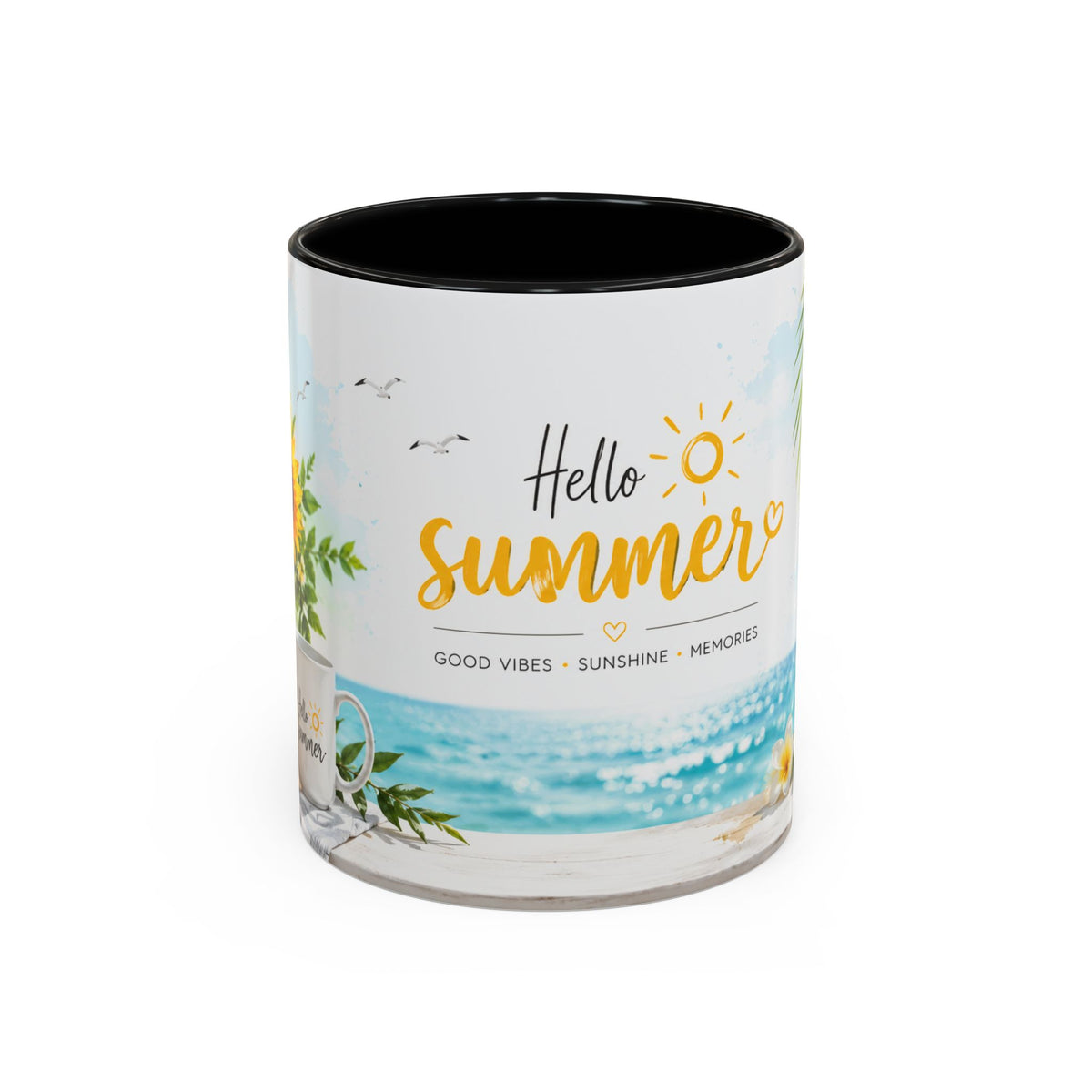 Hello Summer Accent Coffee Mug — Beach Vibes Lemon Palm Coastal Ceramic Mug (11/15oz)
