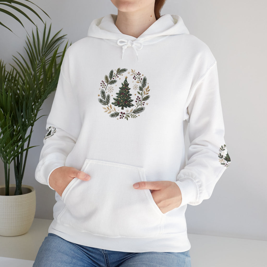 Christmas Tree Wreath Hoodie — Festive Botanical Sweatshirt, 50/50 Cotton-Poly, Unisex
