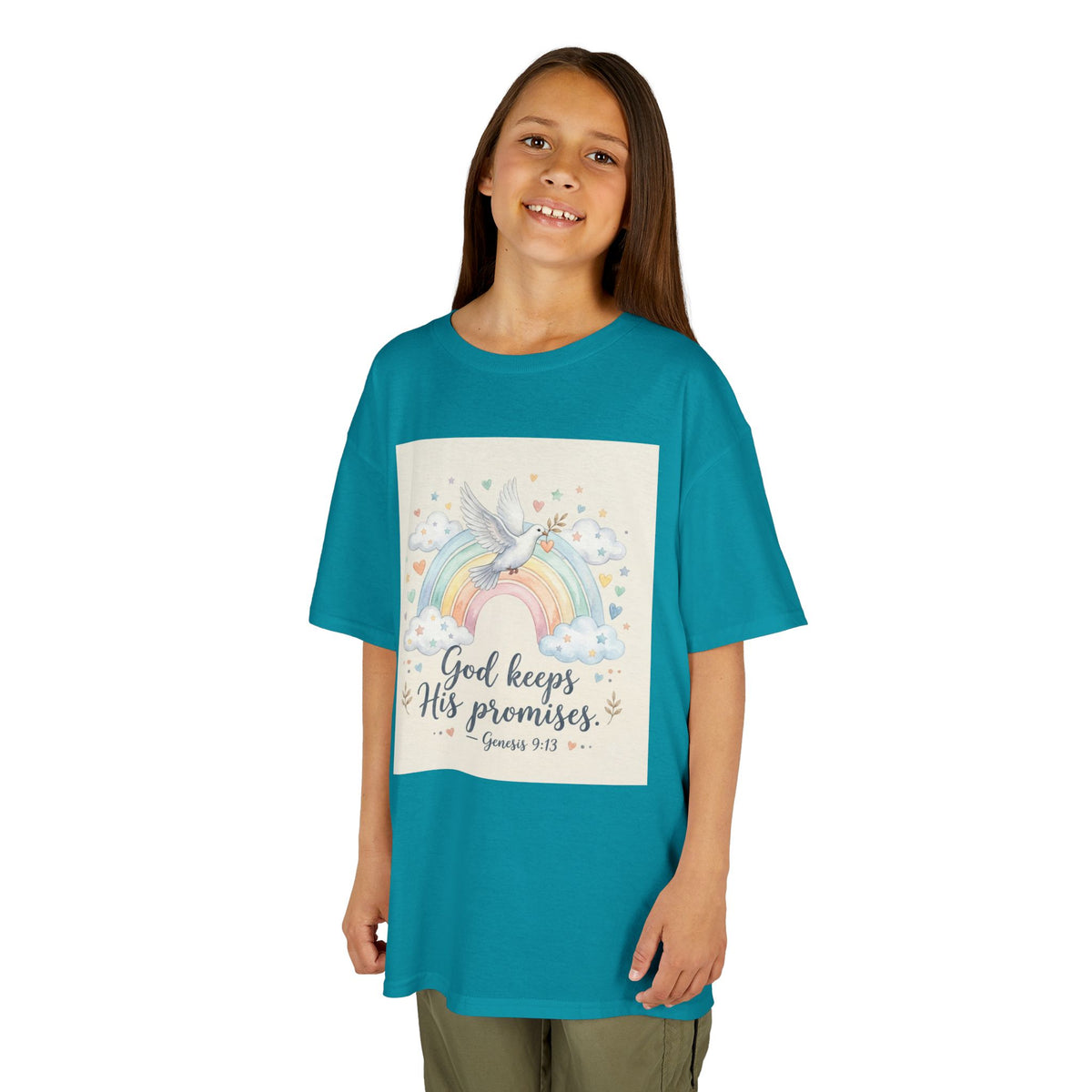 Christian Kids T-Shirt — "God Keeps His Promises" Rainbow Dove Tee | Psalm 145:13