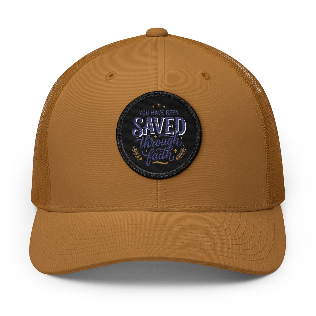 Embroidered Patch Trucker Hat — "You Have Been Saved Through Faith"