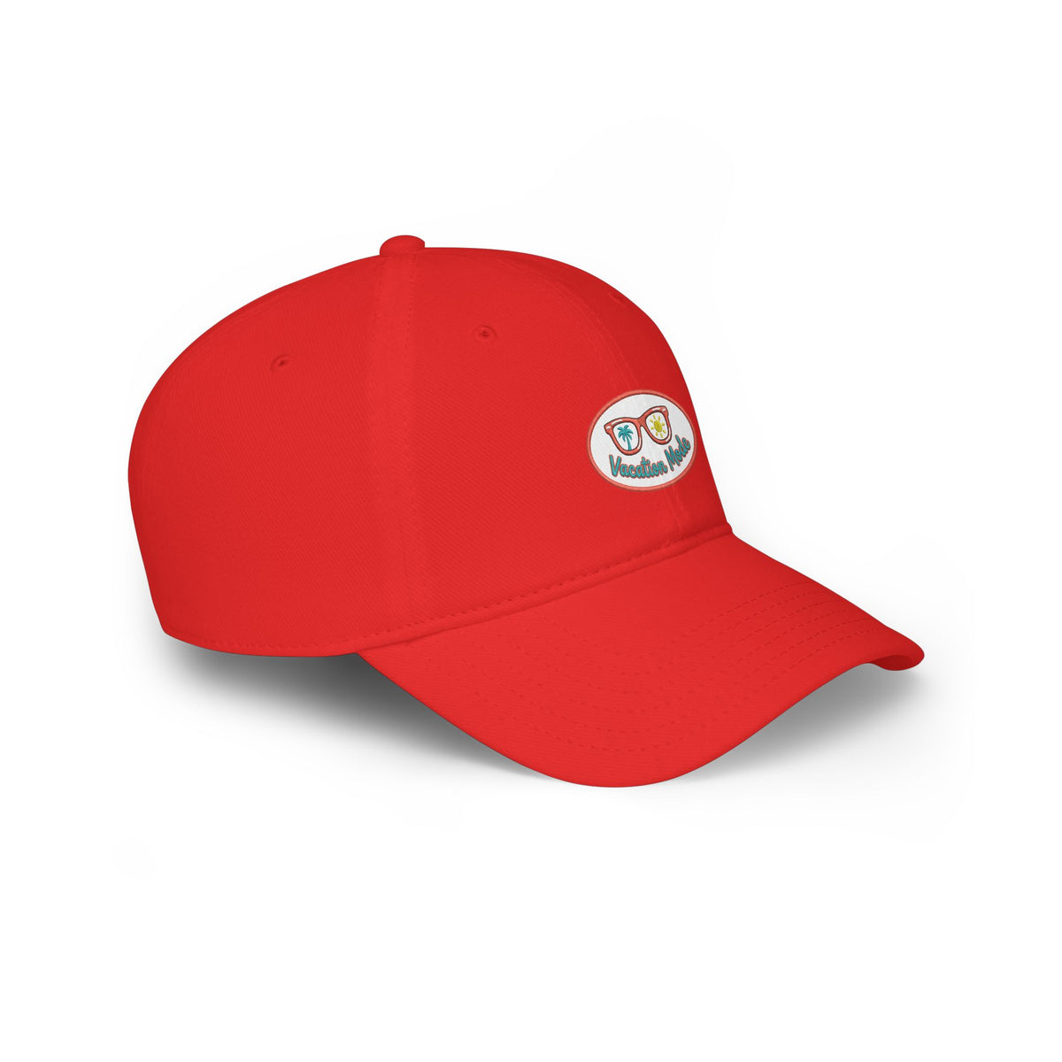 Red 'Vacation Mode' Low Profile Baseball Cap — Sunglasses Patch Dad Hat