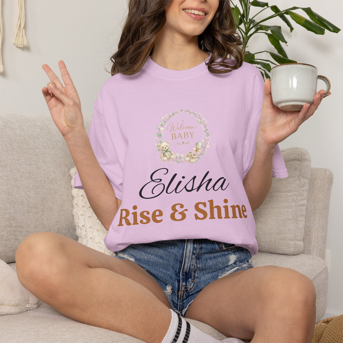 Personalized 'Rise & Shine' T-Shirt — Custom Name Floral Monogram Tee