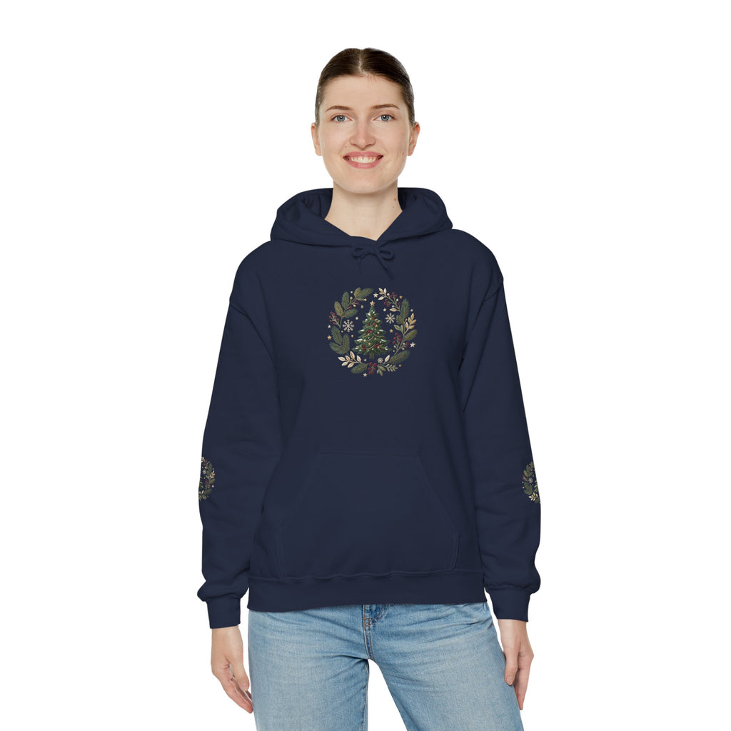Christmas Tree Wreath Hoodie — Festive Botanical Sweatshirt, 50/50 Cotton-Poly, Unisex