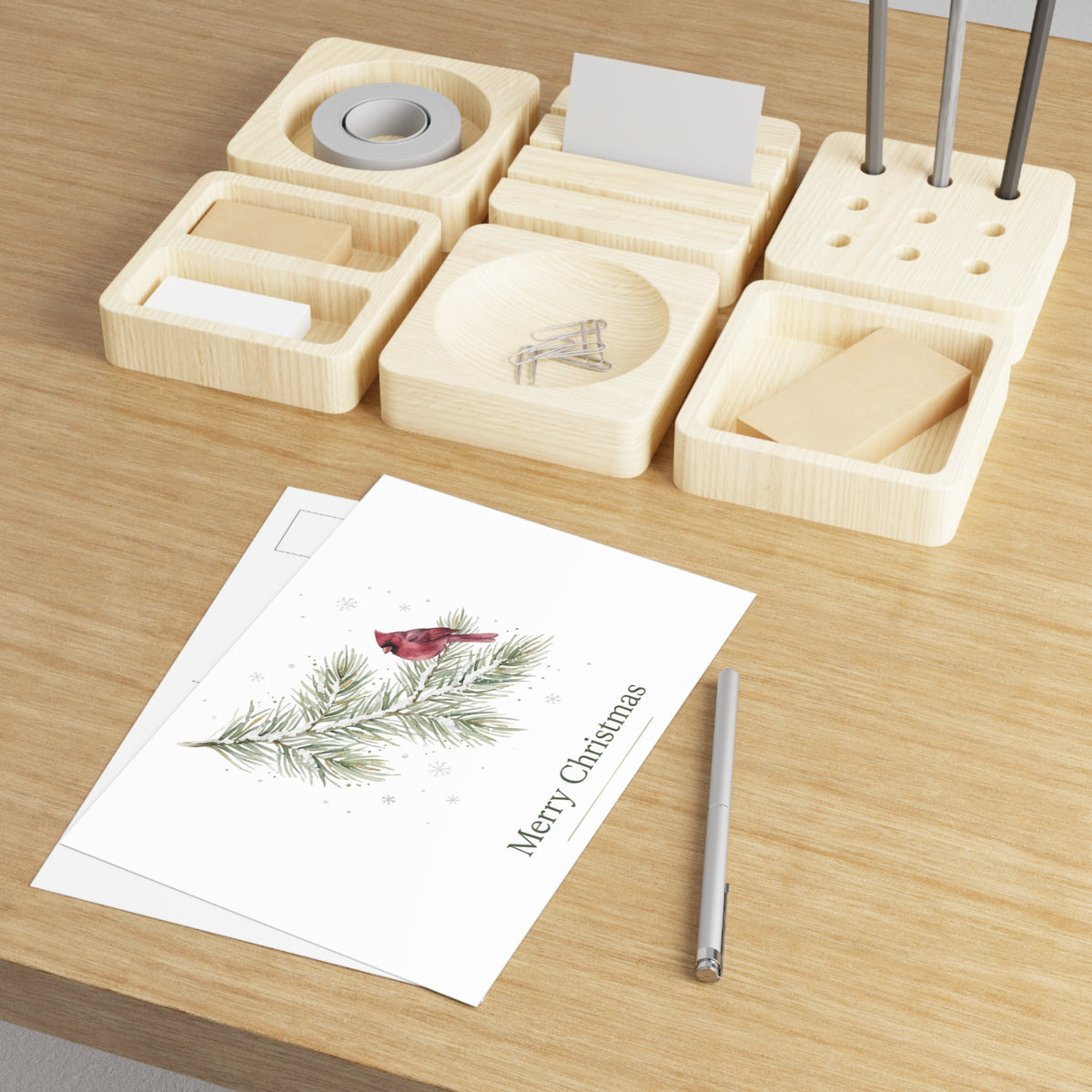 Christmas Cardinal Fine Art Postcards — Holiday Pine Branch Greeting Cards, Glossy 280gsm