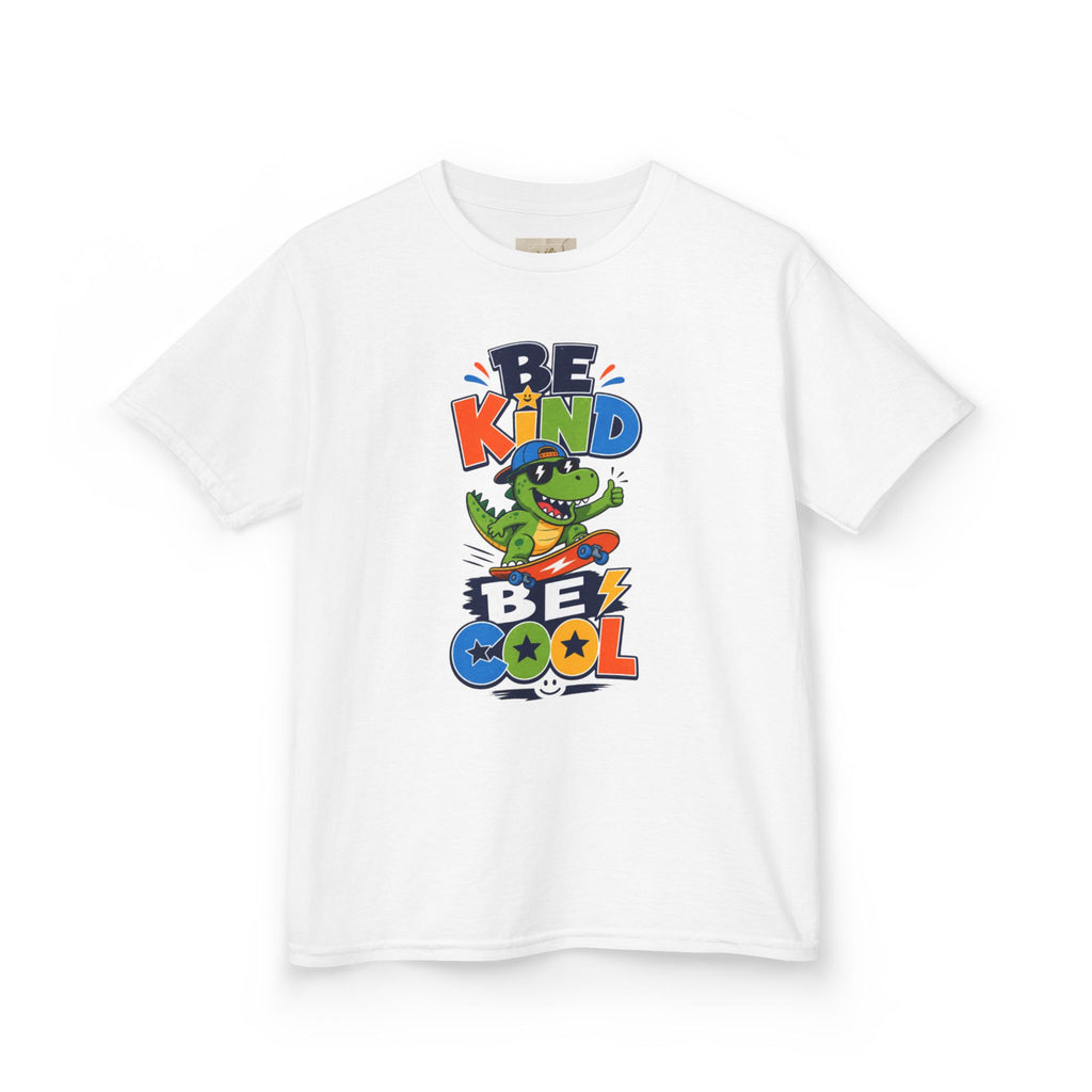 Kids Tee — "Be Kind, Be Cool" Dinosaur Graphic with "Shine Bright" Back