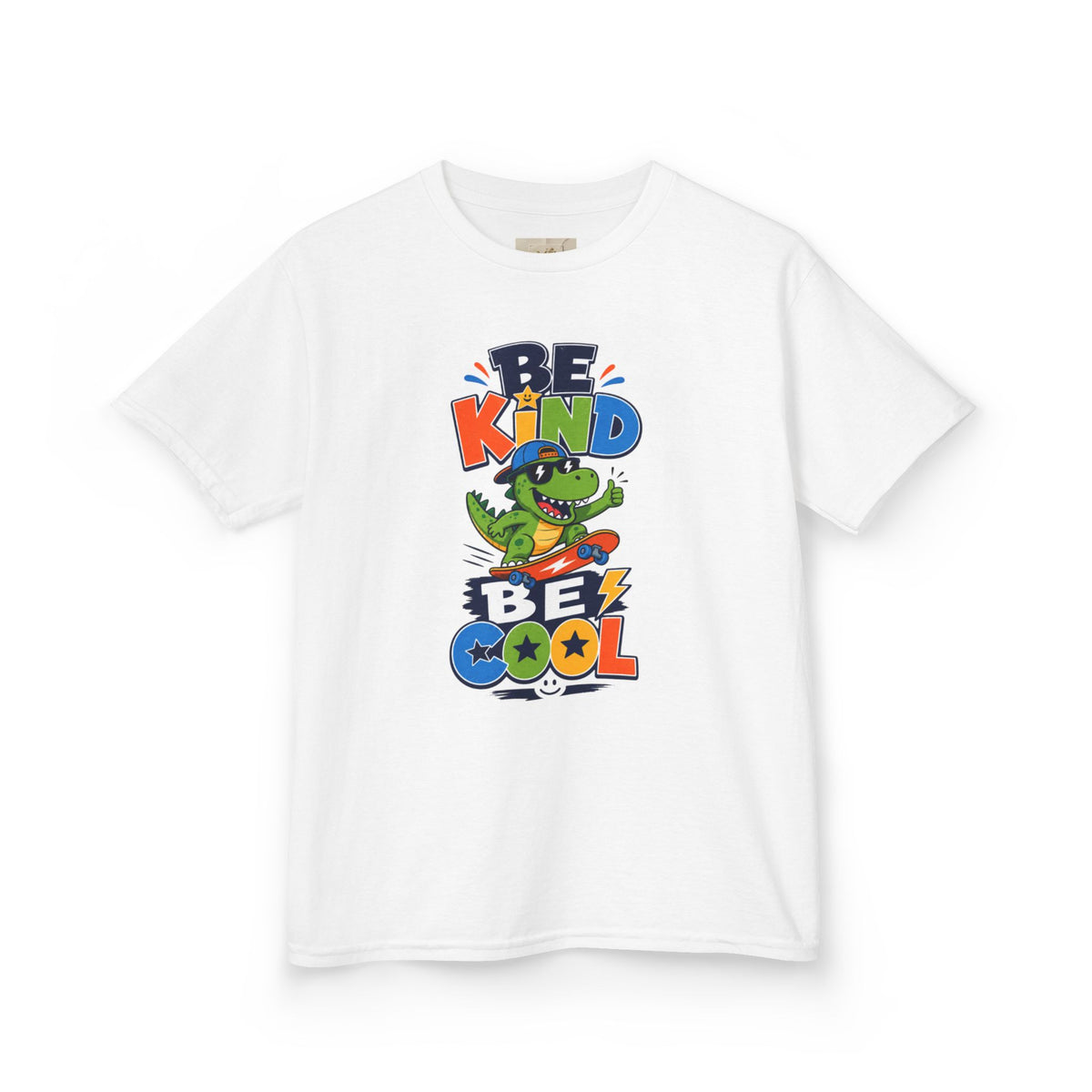Kids Tee — "Be Kind, Be Cool" Dinosaur Graphic with "Shine Bright" Back